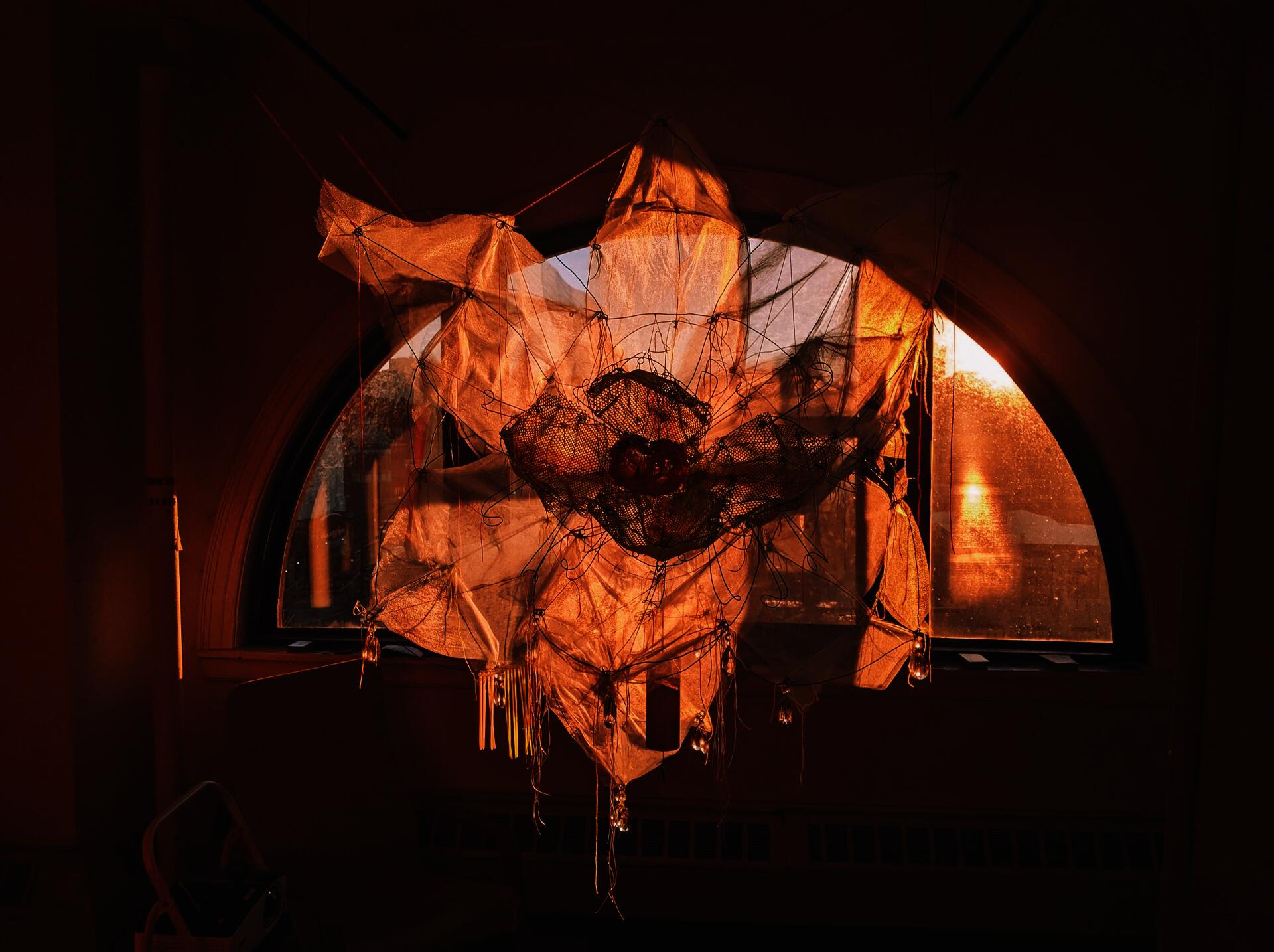 Photo of partially completed magnolia sculpture made from wire and tulle. - The Ephemeral Altar & The Floating Grave - Hannah Suzanna
