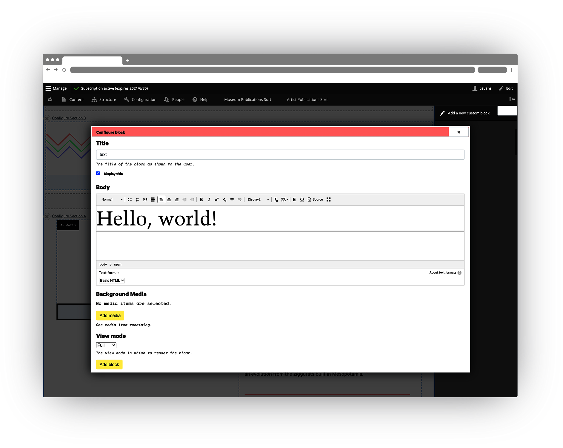 screenshot of the Ziggurat interface, showing a basic block with text that says 'Hello, world!'