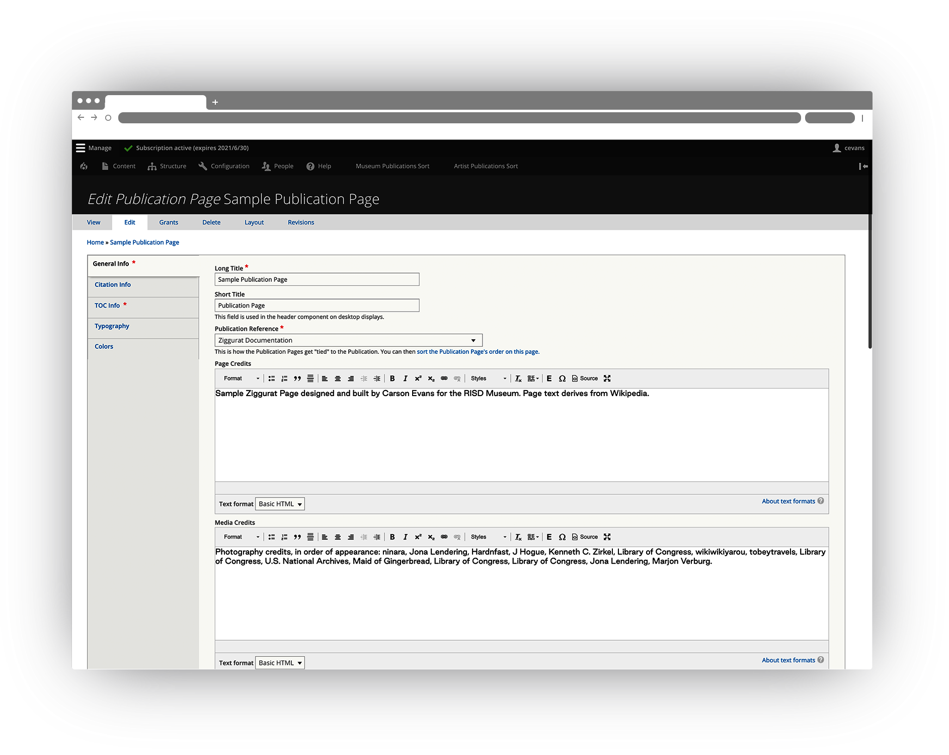 screenshot of the Ziggurat interface, showing the Edit view of a page
