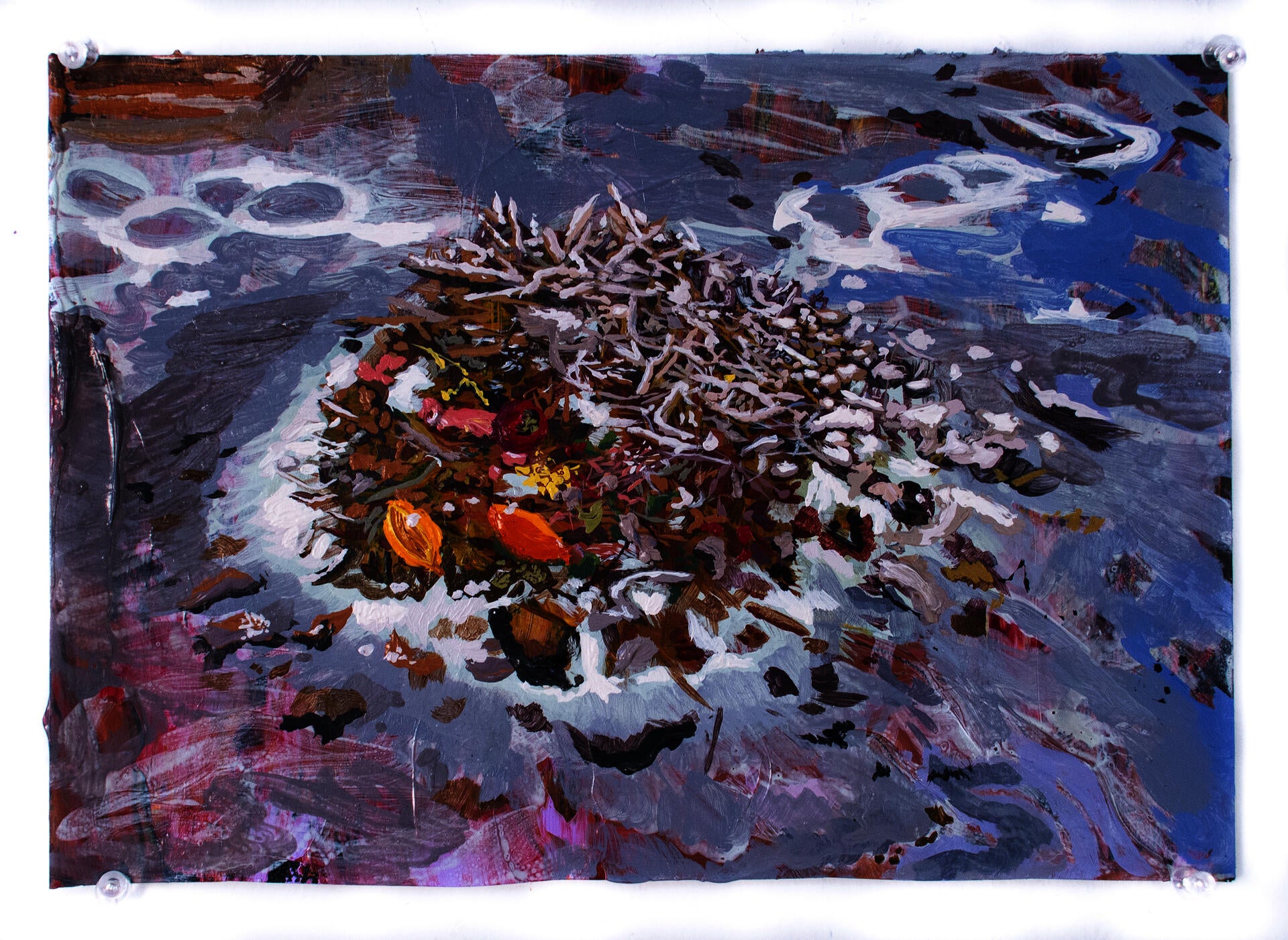 Painting of a compost pile covered in frost