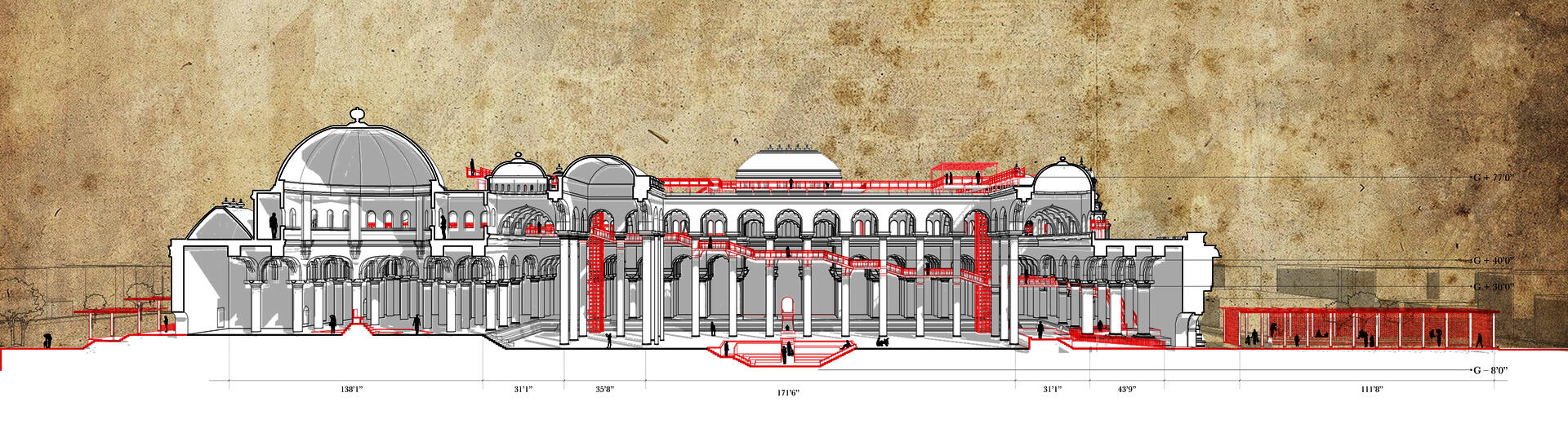 Longitudinal section showing the architectural path and thresholds.