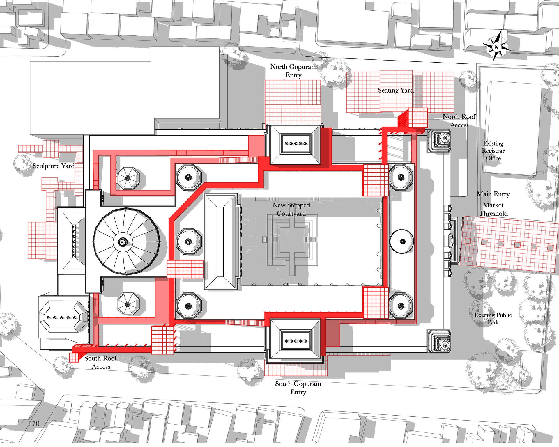 Site plan showing the threshold and roof interventions