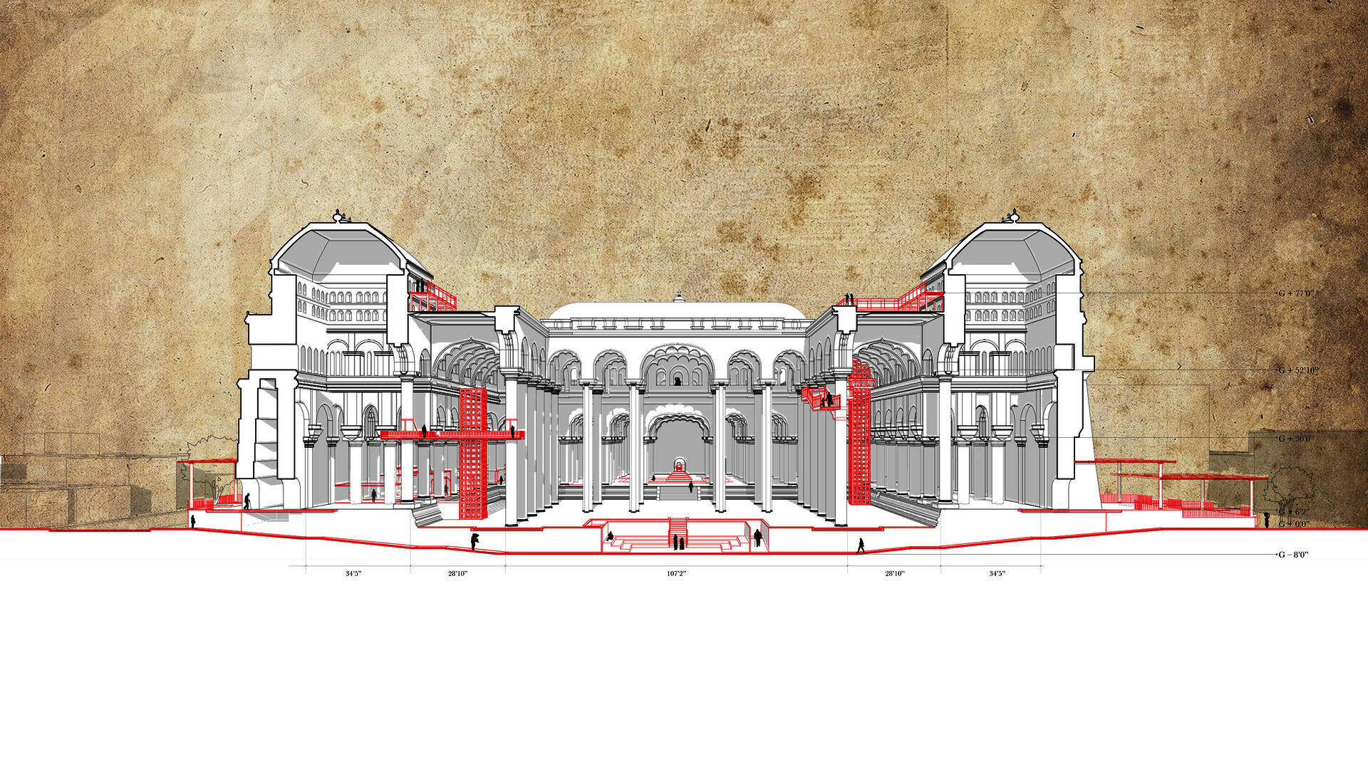 Transverse section through NS showing the thresholds, roof, new street access and the architectural and epic paths