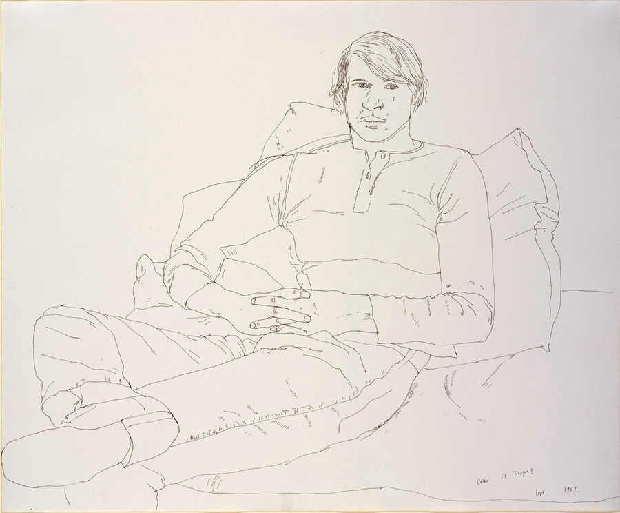 Line drawing of a man. He makes eye contact as he reclines against a pillow, one foot resting on the other knee and his hands clasped in his lap.