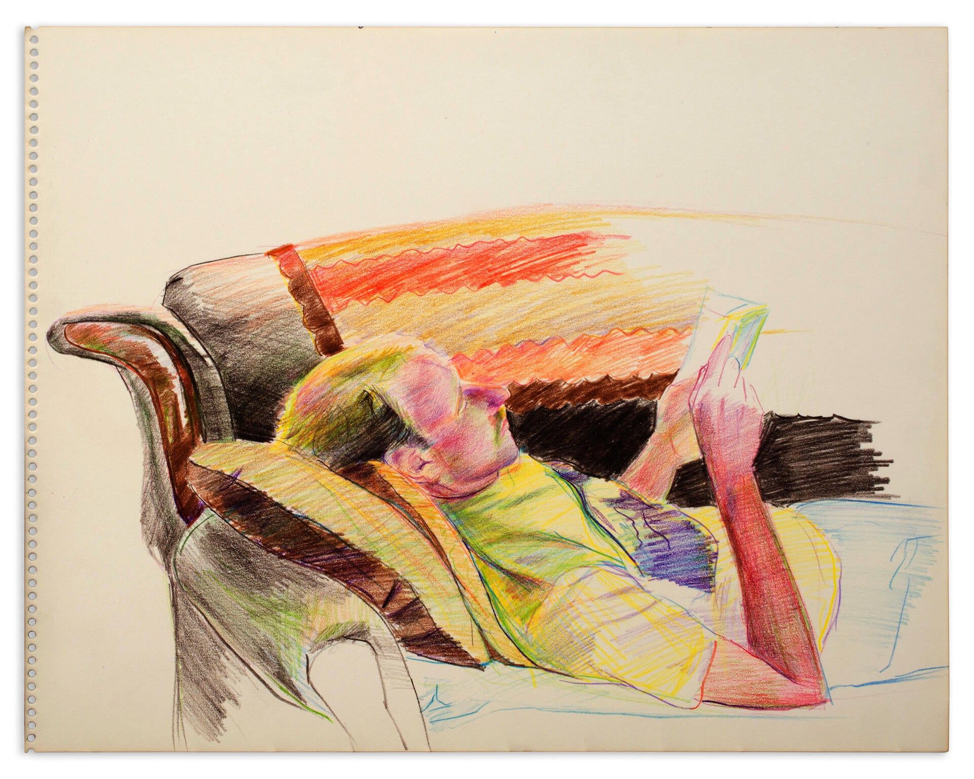 Sketchy pastel-toned colored-pencil drawing of a blond, light-skinned man reading as he lies on a couch.