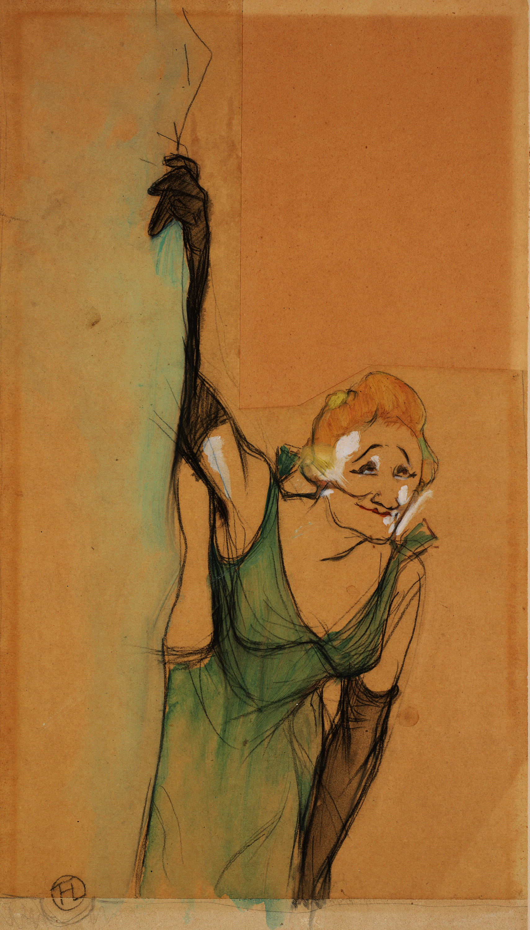 Expressive drawing of a blonde light-skinned woman in a green sleeveless gown and long black gloves. Shown in ¾ view, she turns slightly, smiling and bowing, right arm raised.