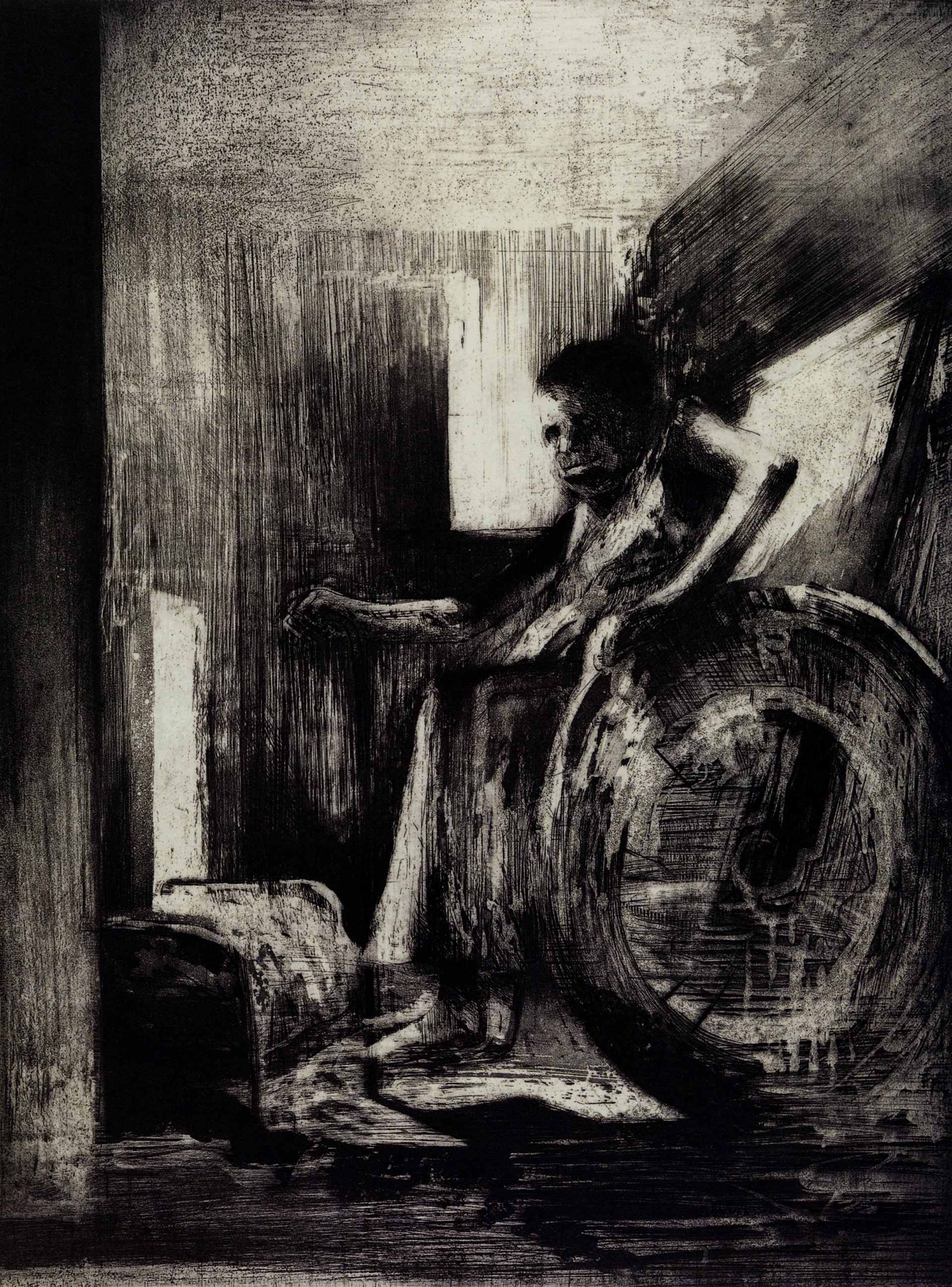 Streaky, moody, black etching of a figure sitting in a narrow room, in a wheelchair facing the center, with furniture at his feet. Blocks of light illuminate the room.