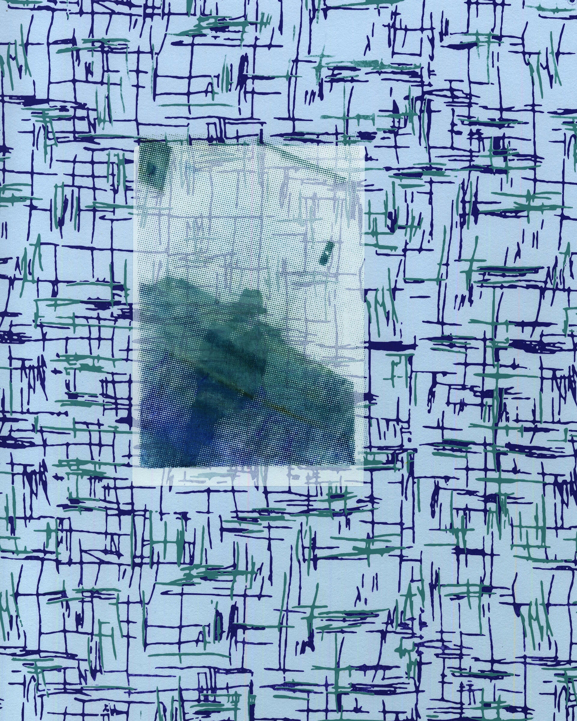 A blue-toned photograph of a figure wearing glasses is printed onto the top portion of a light blue paper. The paper has intersecting horizontal and vertical blue and green lines