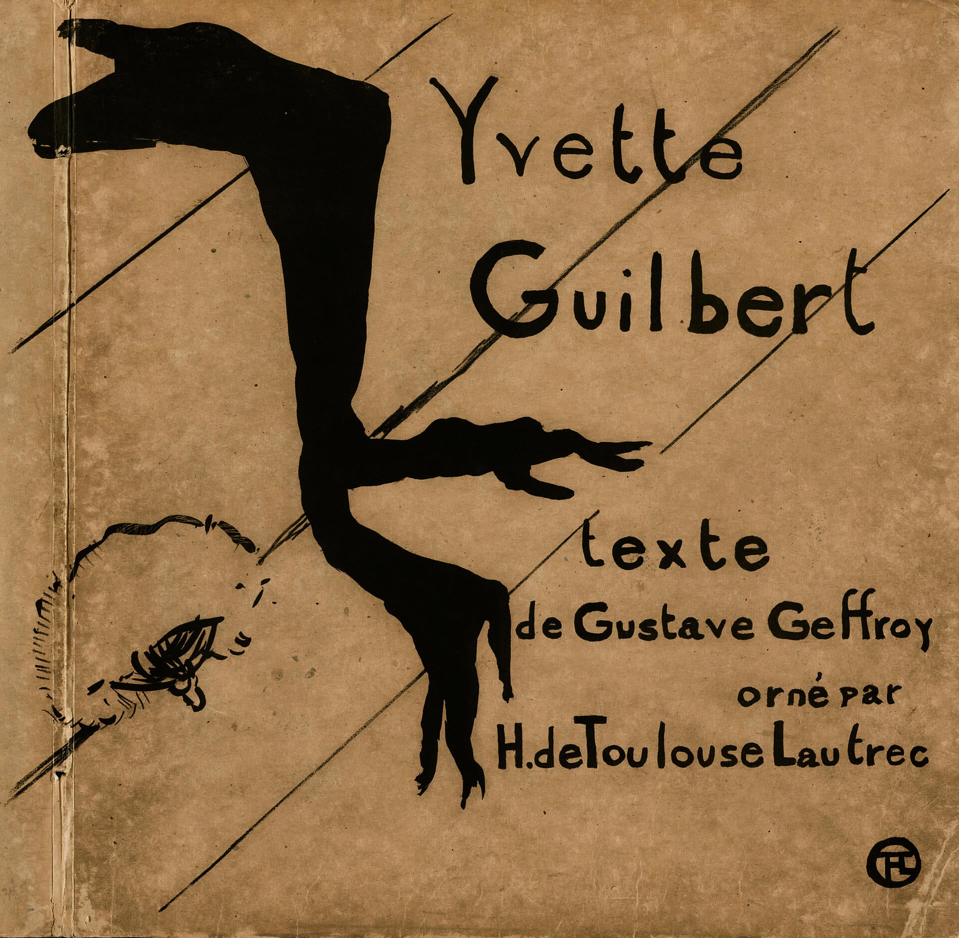 Cover for 'Yvette Guilbert' publication. Long black gloves lie on a step, which is simply suggested by diagonal lines crossing the sheet, a powder puff at left. Text says: “Yvette Guilbert. Texte de Gustave Geffroy orné par H. de Toulouse Lautrec.”