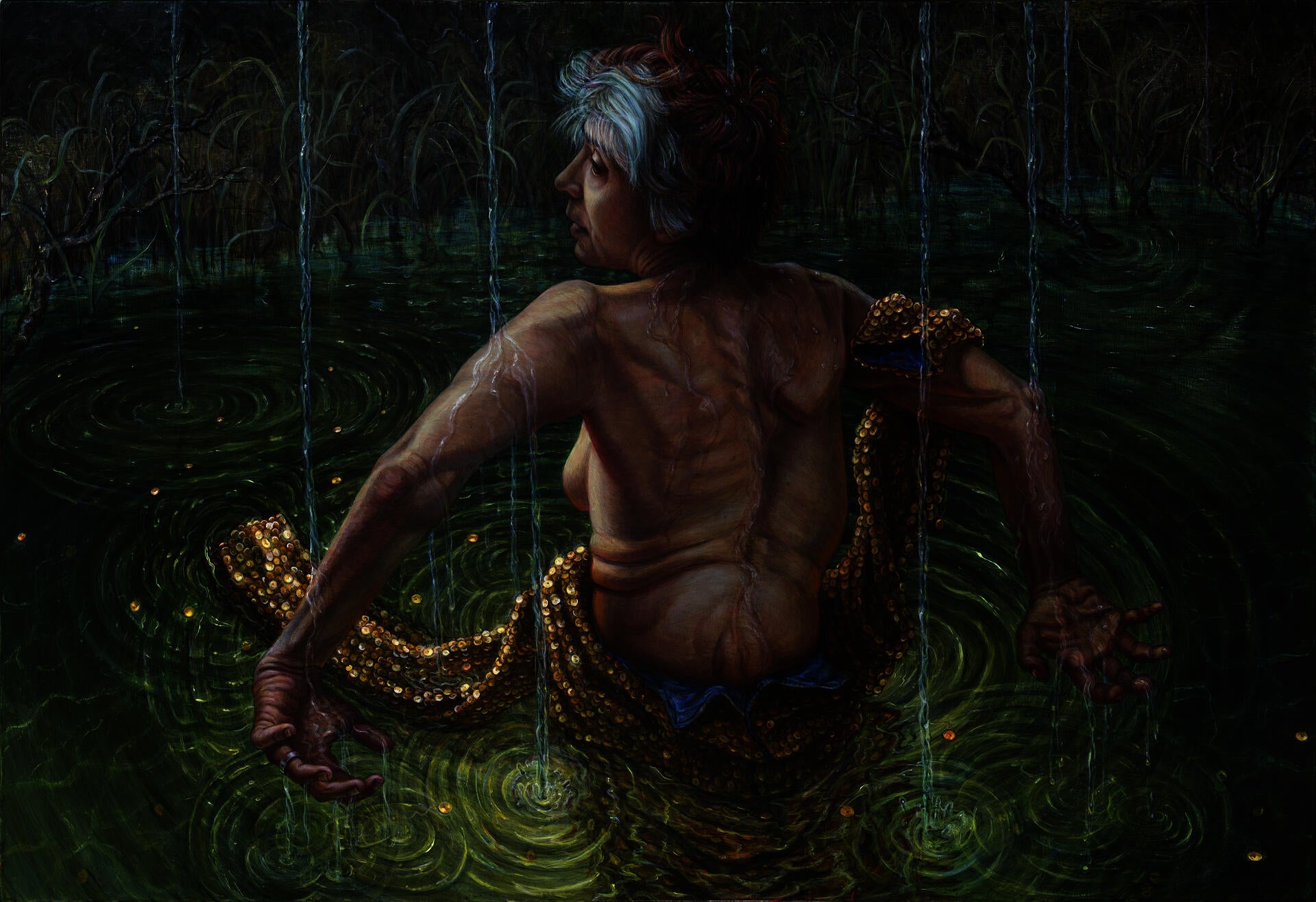 Painting of an older, partially-clothed woman, her twisted spine facing the viewer and her hands reaching behind her. She is surrounded by rippling shallow emerald water.