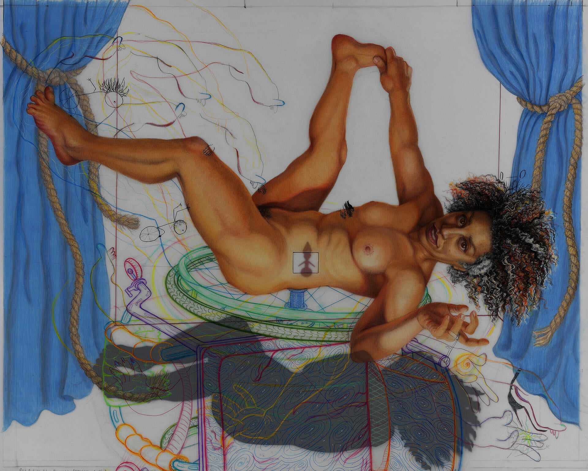 A drawing of a nude Alice Sheppard on her back, foot in hand, looking towards the viewer. Under her is a brightly colored drawing of a wheelchair and a hunched-over silhouette.
