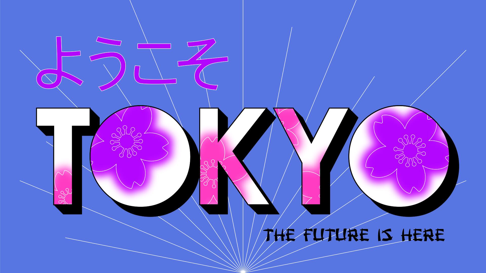 Purple and pink slide deck page with Japanese and English text reading: Youkoso Tokyo: The Future is Here.