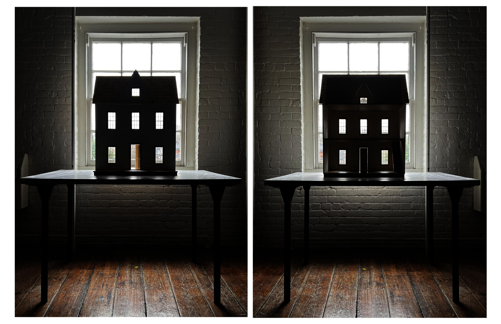 two images showing the inside / outside of a doll house