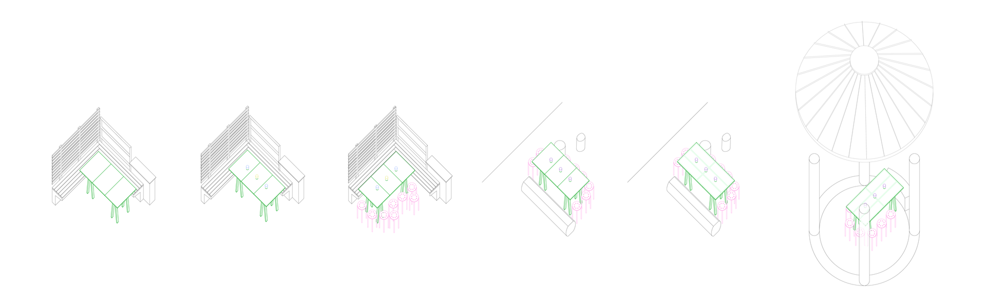 a series of 6 drawings that show how a table changed and moved locations over the course of the semester.