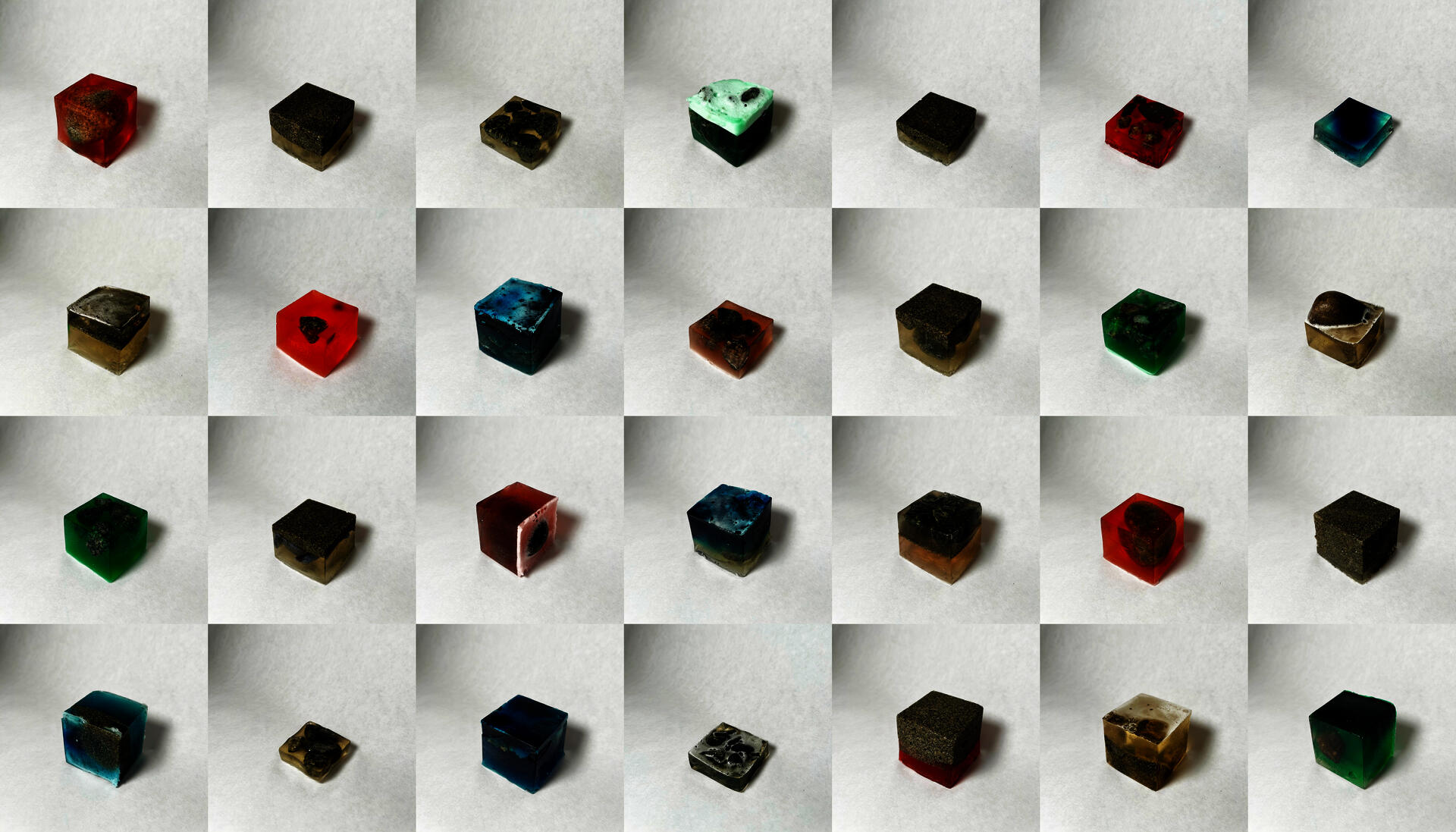 30 bioplastic cubes filled with rock and sand aggregate