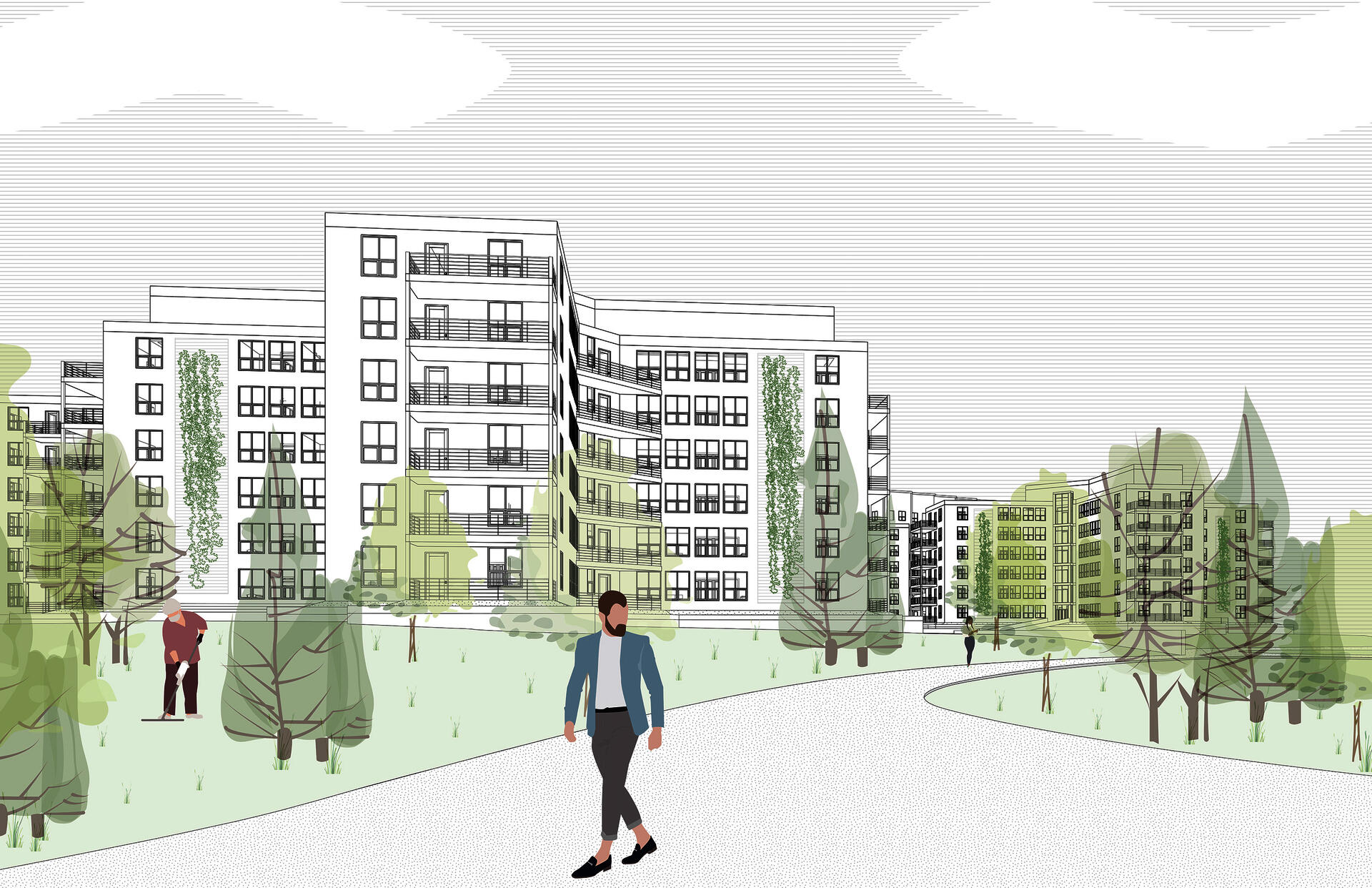Showcasing the new landscape and addition of mounding nature to protect the buildings.