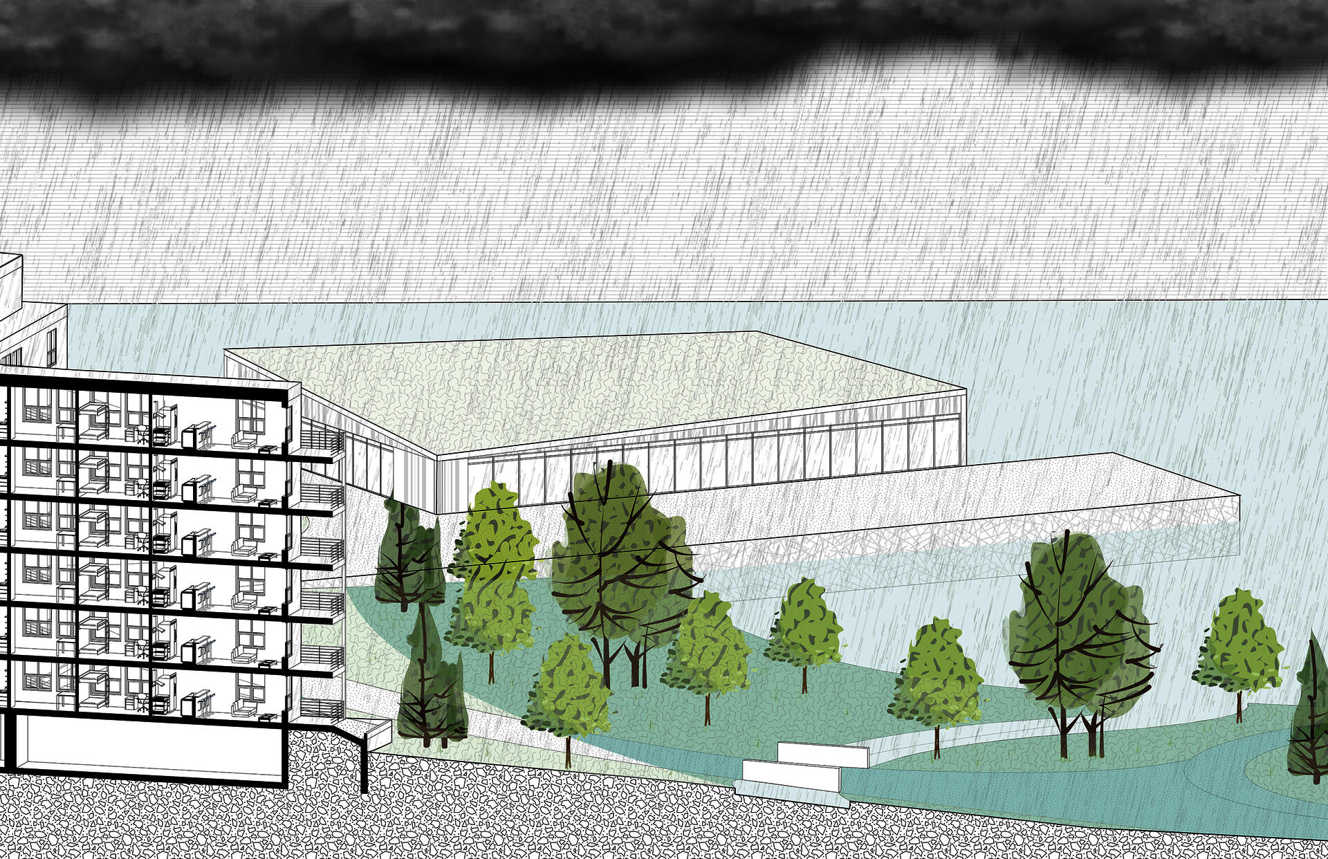 Showcasing the storm conditions of the building during a flood event.