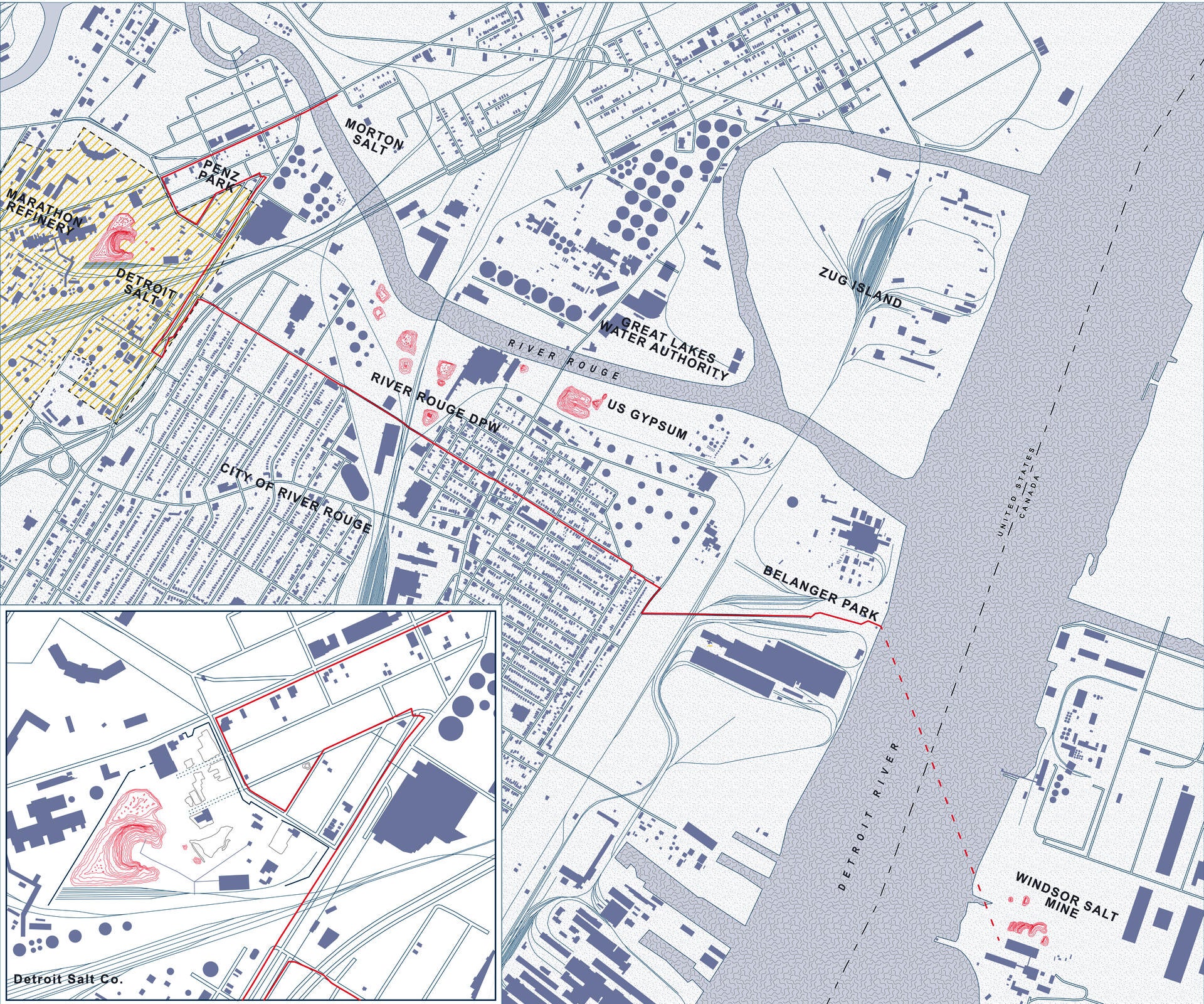 A map depicting a walking route through several Detroit neighborhoods: passing salt mining operations and sites of industrial stockpiling