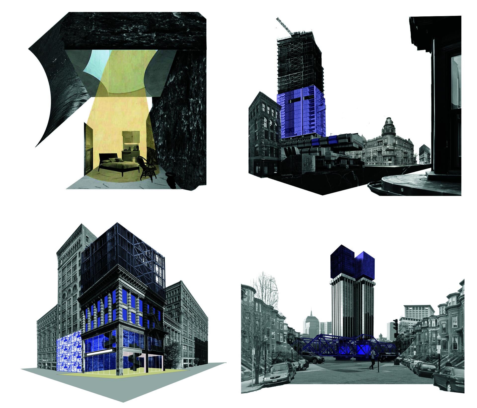 4 collages combined into a singular image on a 2x2 grid, black and white buildings with purple accents.