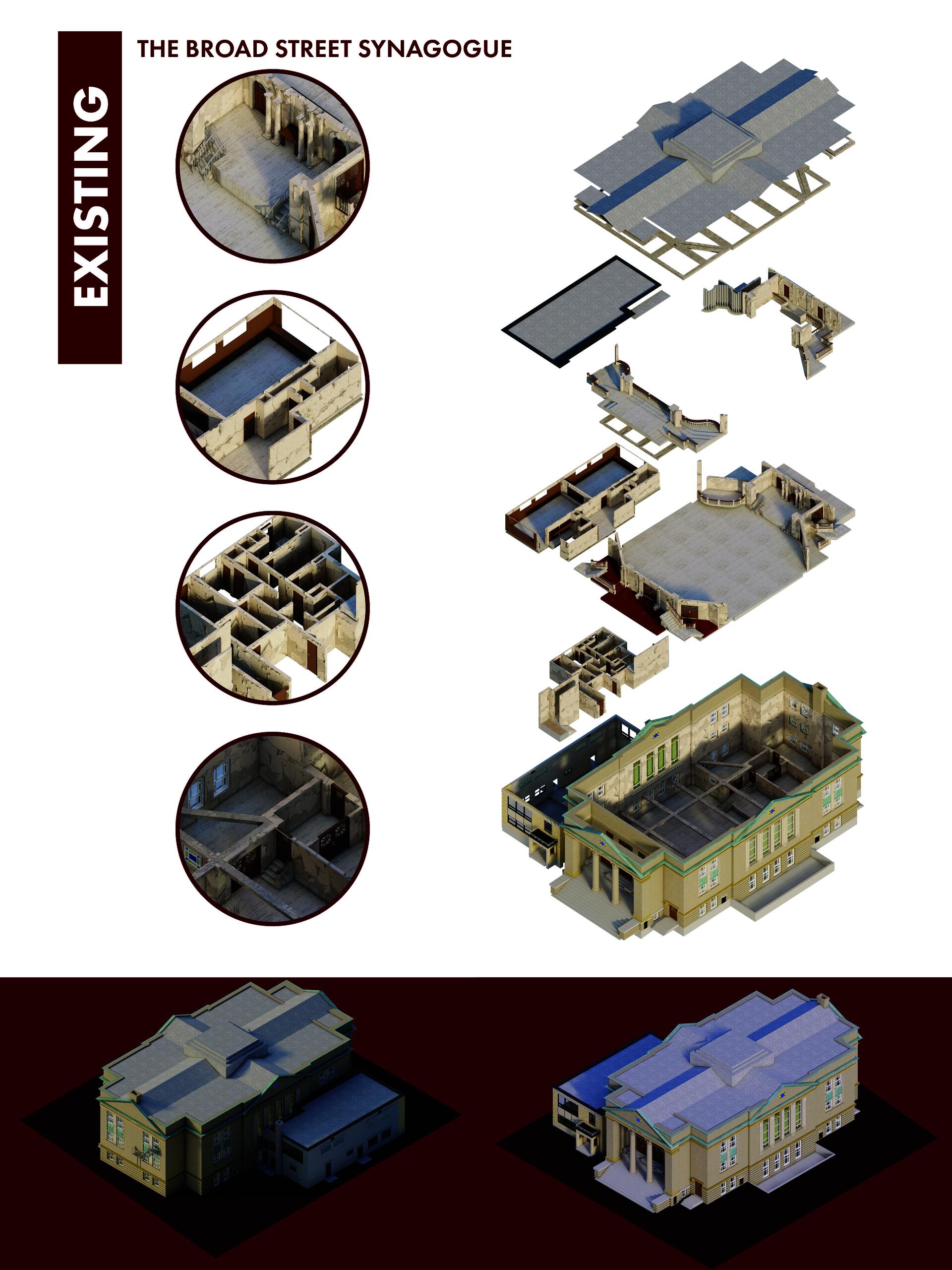 An exploded axonometric image of the Broad Street Synagogue with two isometric images of the building assembled at the base.