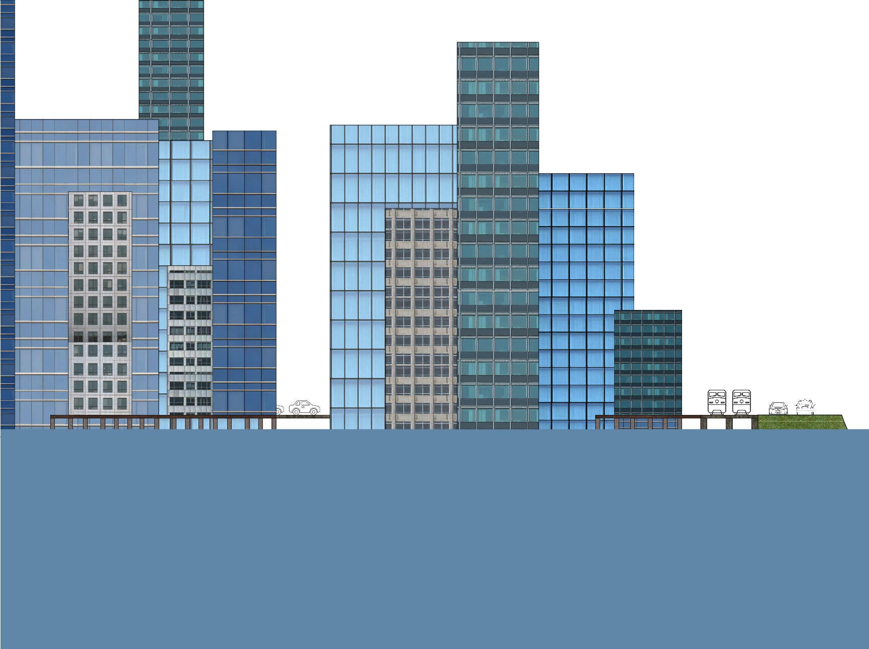 Stilted buildings connect with the elevated infrastructure in the city.