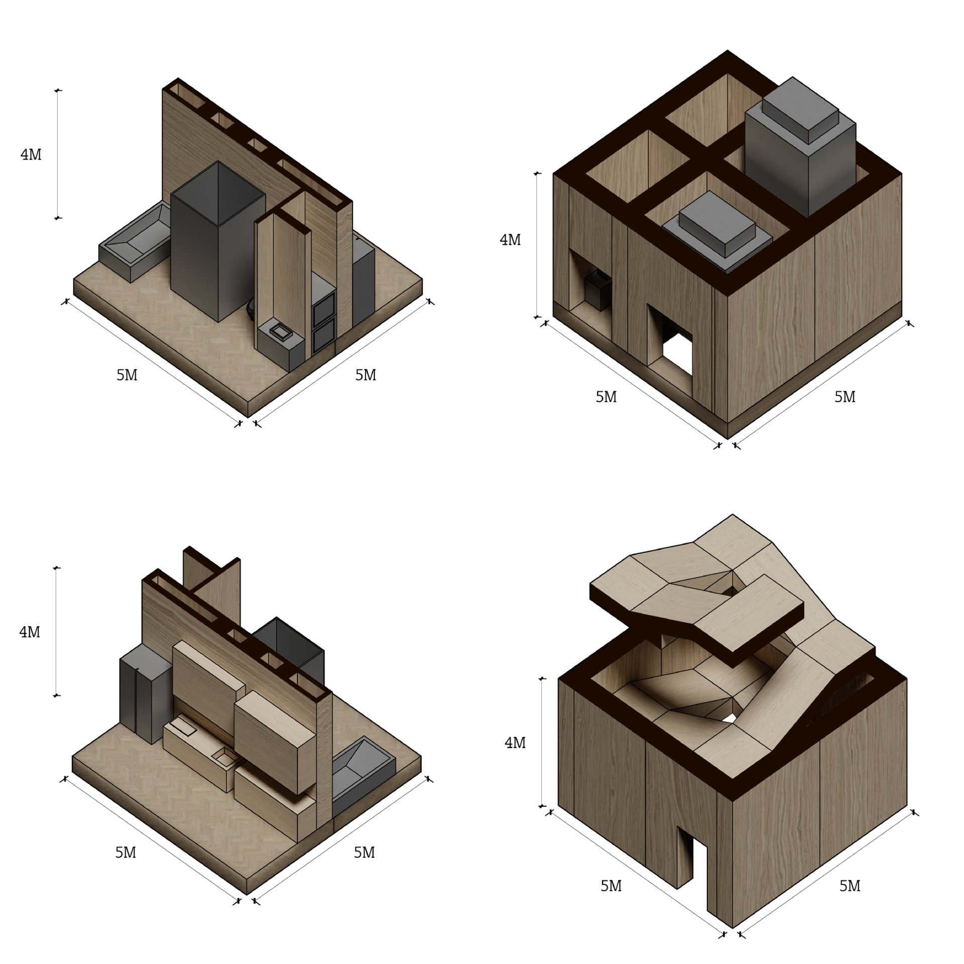 2. Space module products The bathrooms and kitchen are two archetypical prefabricated modules. They are installed like a structural components during the construction. Because of their connective nature, Stacked like circulation cores for better connection alignment, these spatial modules uninstall as single entities. Modules are then transported to factories for recycling and downcycling, reducing the amount of trash produced upon demolition. 3. Equipment In the spirit of maximal reusability, mechanical