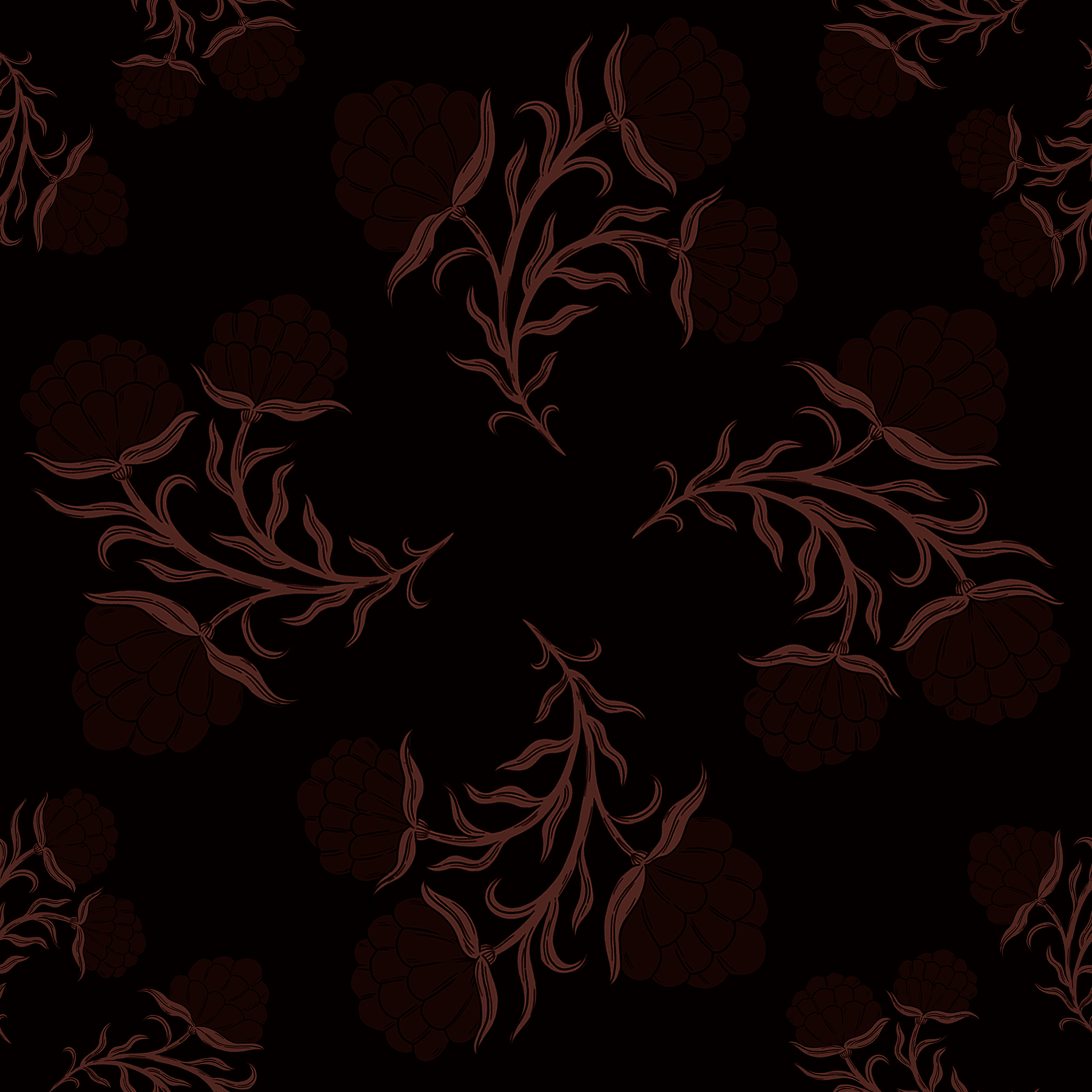 A wallpaper pattern of a three-headed flower on burgundy background.