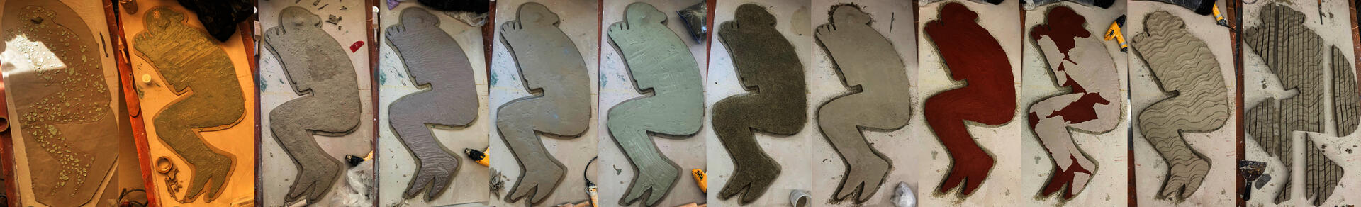 A series of pictures showing the outline of a body being filled in with layers of ceramic materials over time.