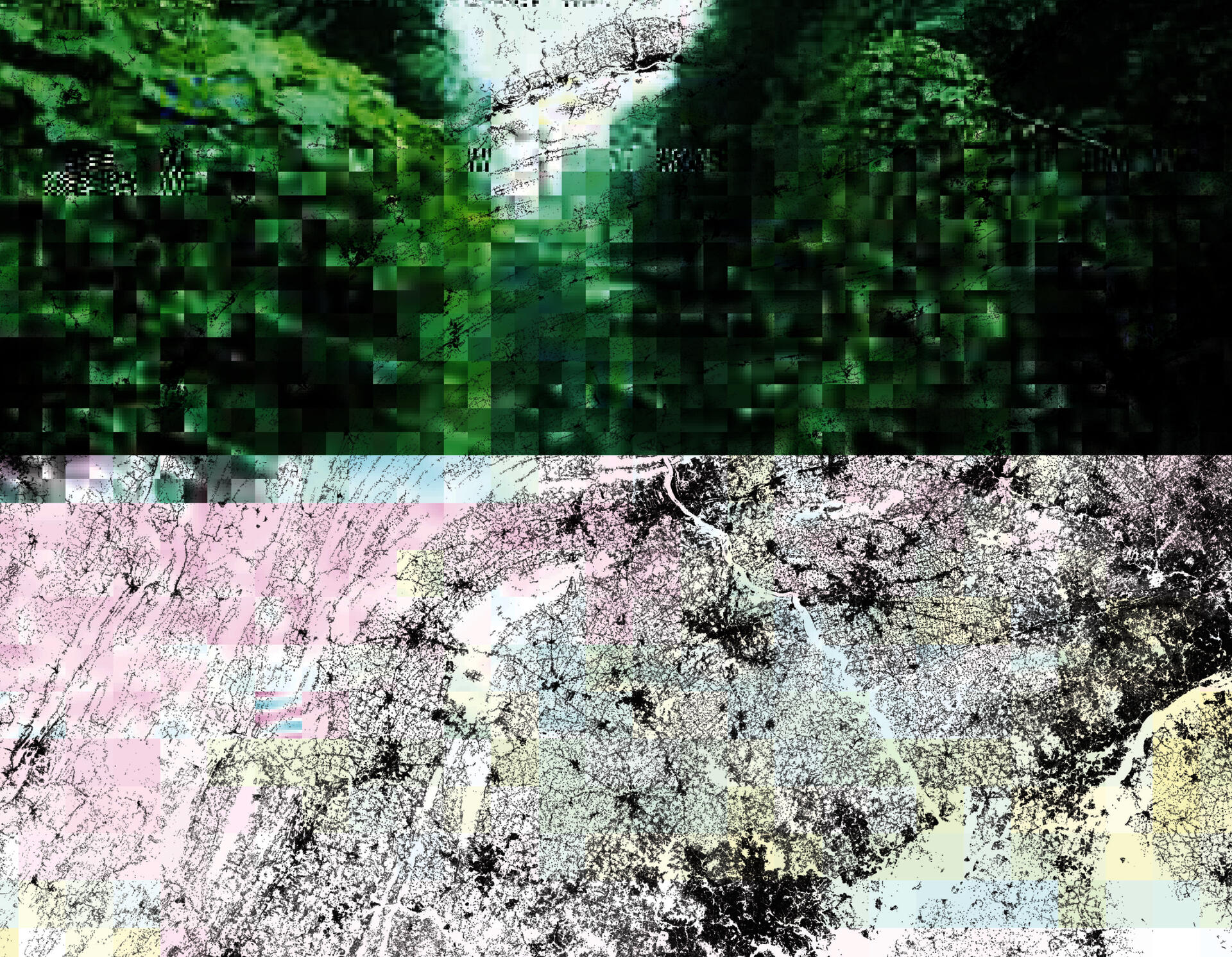 An image in two halves. The top, a glitched image of overgrown kudzu, and the bottom, light blue, pink, and yellow pixels. Both halves are overlaid with a topographical map of Appalachia.