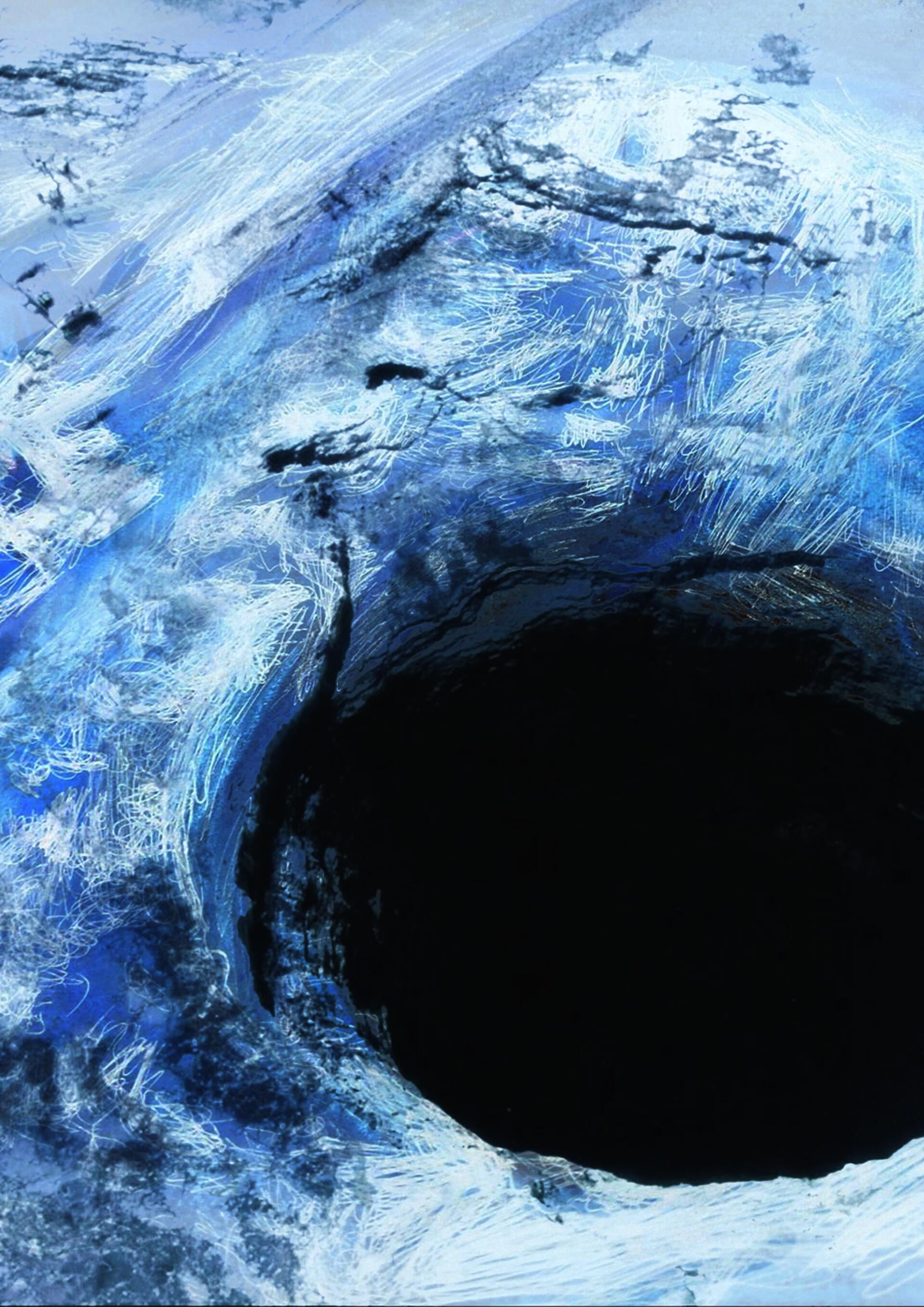 A mixed-media illustration shows a cavernous black hole in a blue-grey sandy landscape. Gestural lines hint at a worksite nearby.