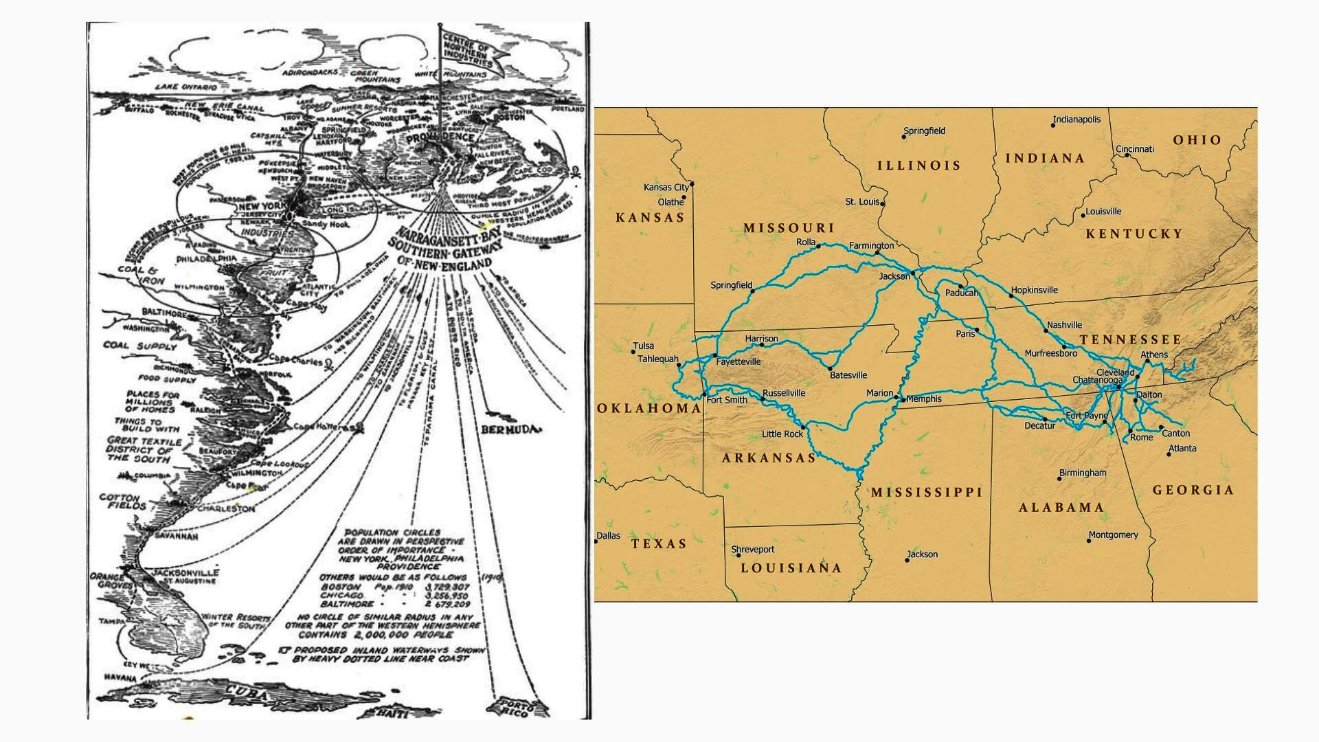 Two images depicting maps. One map charts the trail of tears, the other maps New Englands southern Industries gateway.