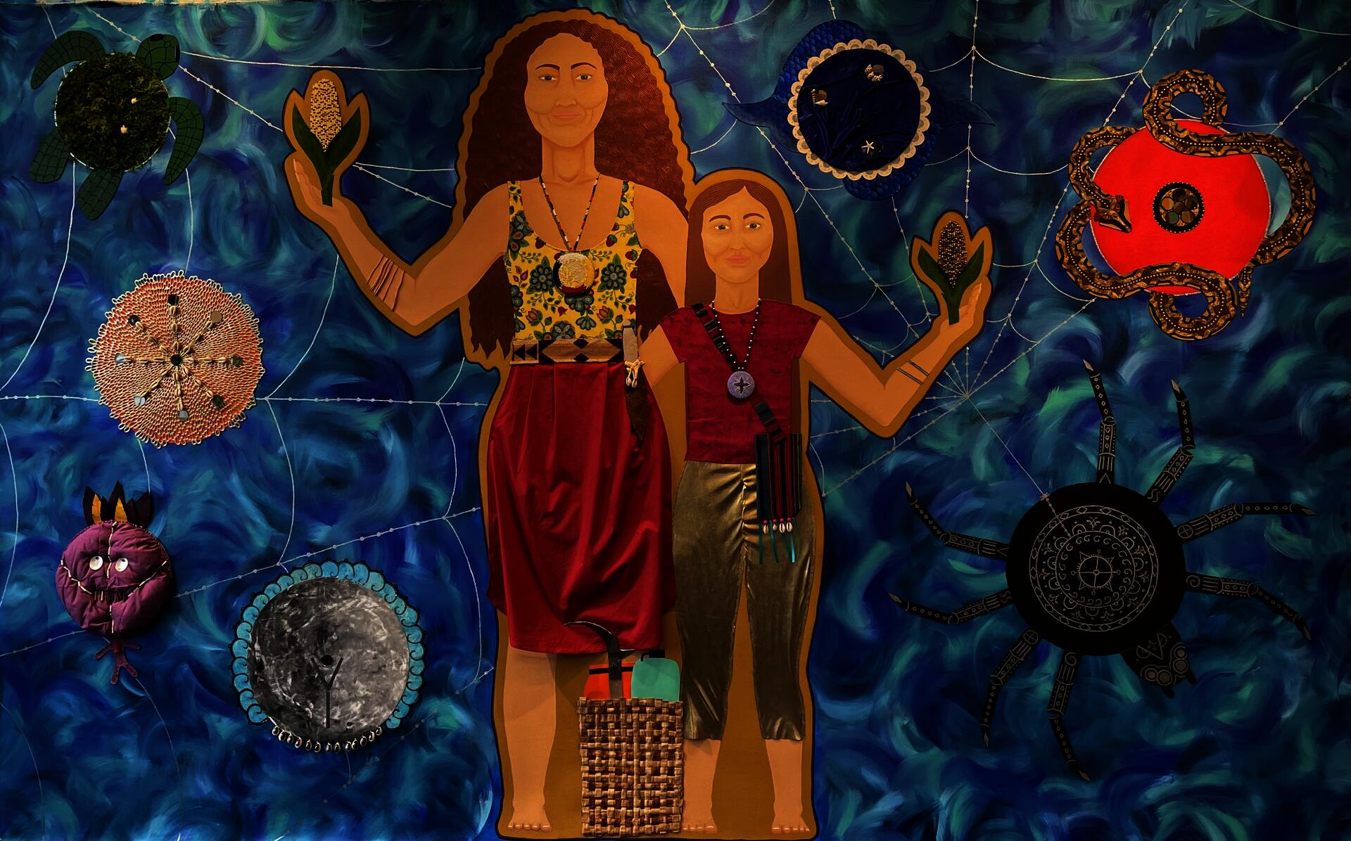 A mother and her daughter navigate a watery scene surrounded by seven circular beings.