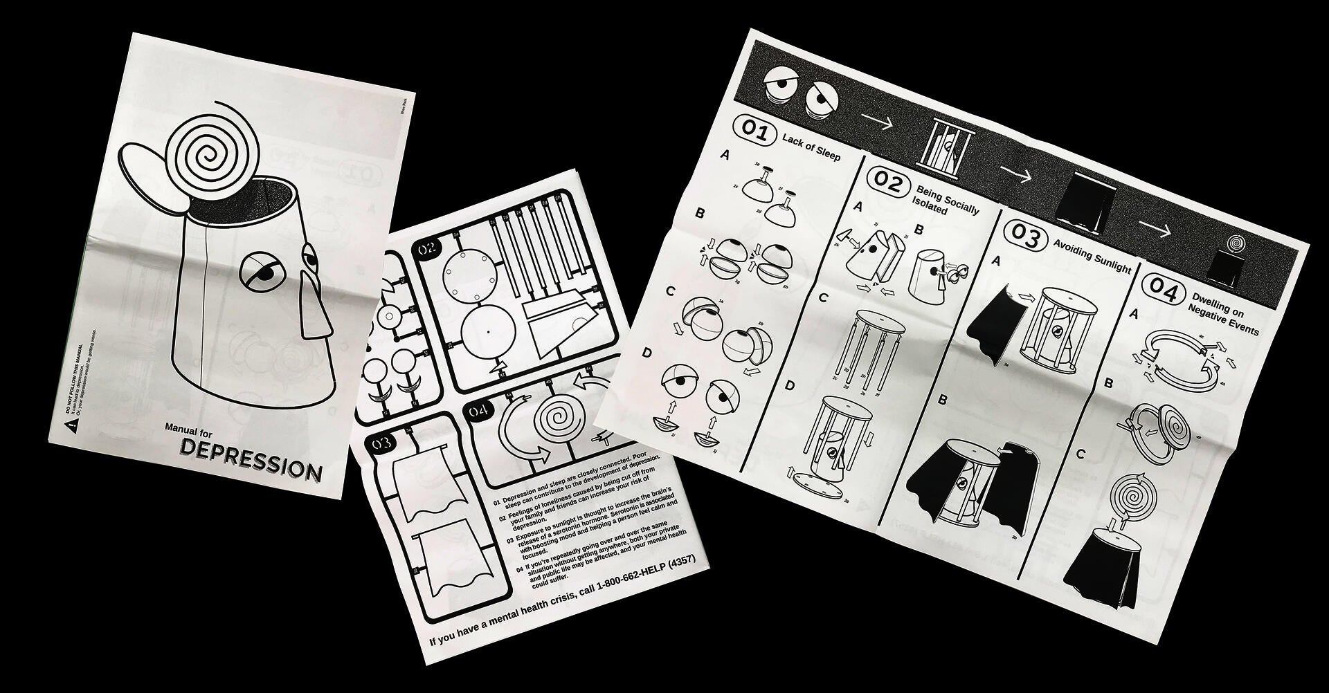 A newspaper spread that includes a manual will guide you through how to become depressed, which contains the meaning of “never imitate.”