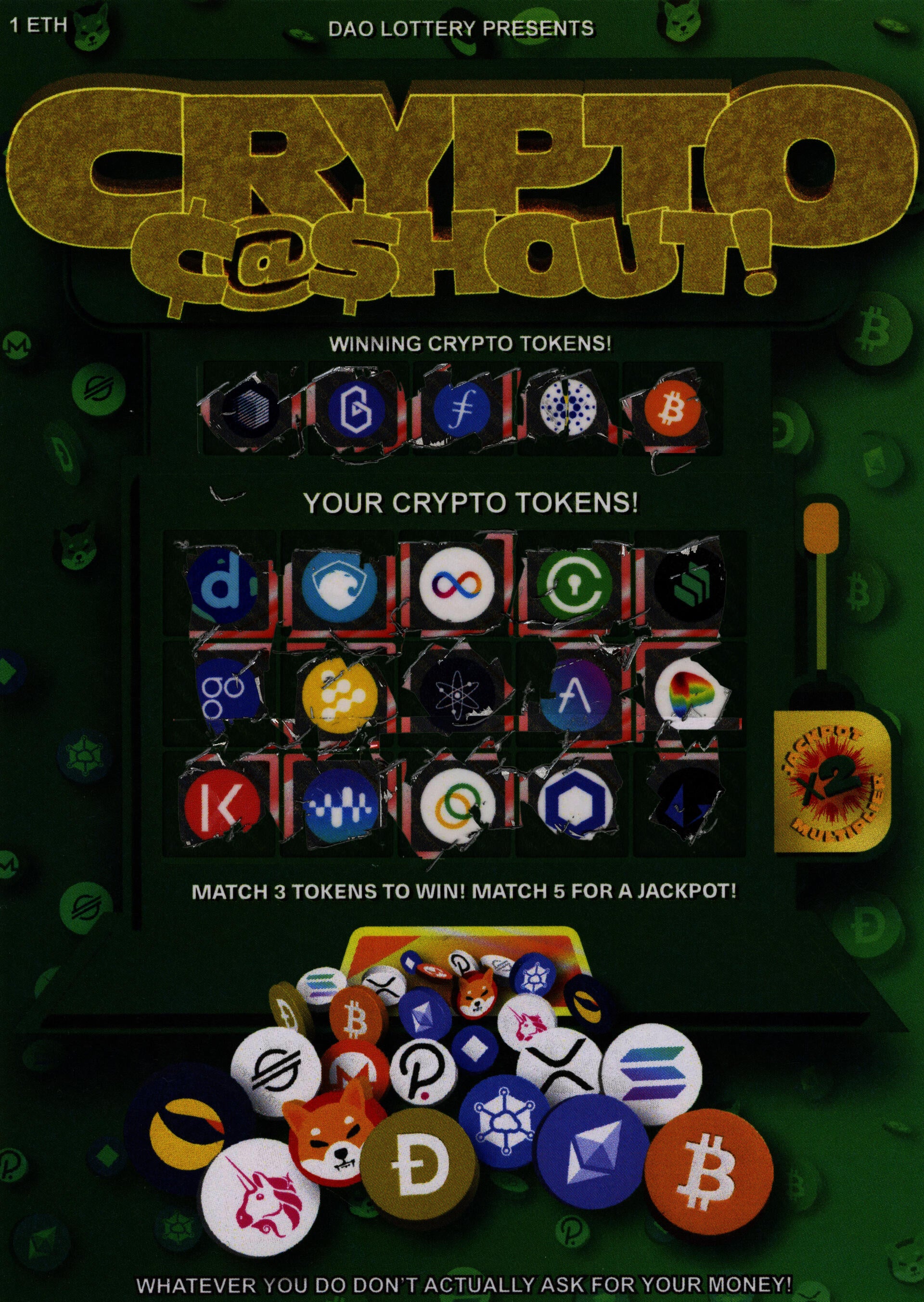 A scratch off lottery ticket depicting a slot machine with cryptocurrency logos.