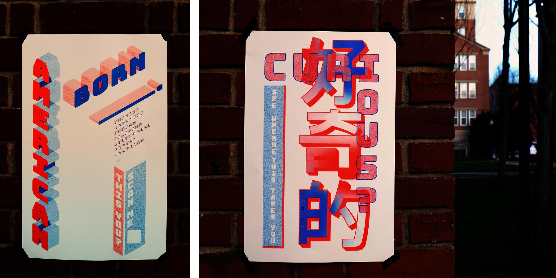 Posters with prompts, first poster asking "American Born ____", second asking "Curious?"