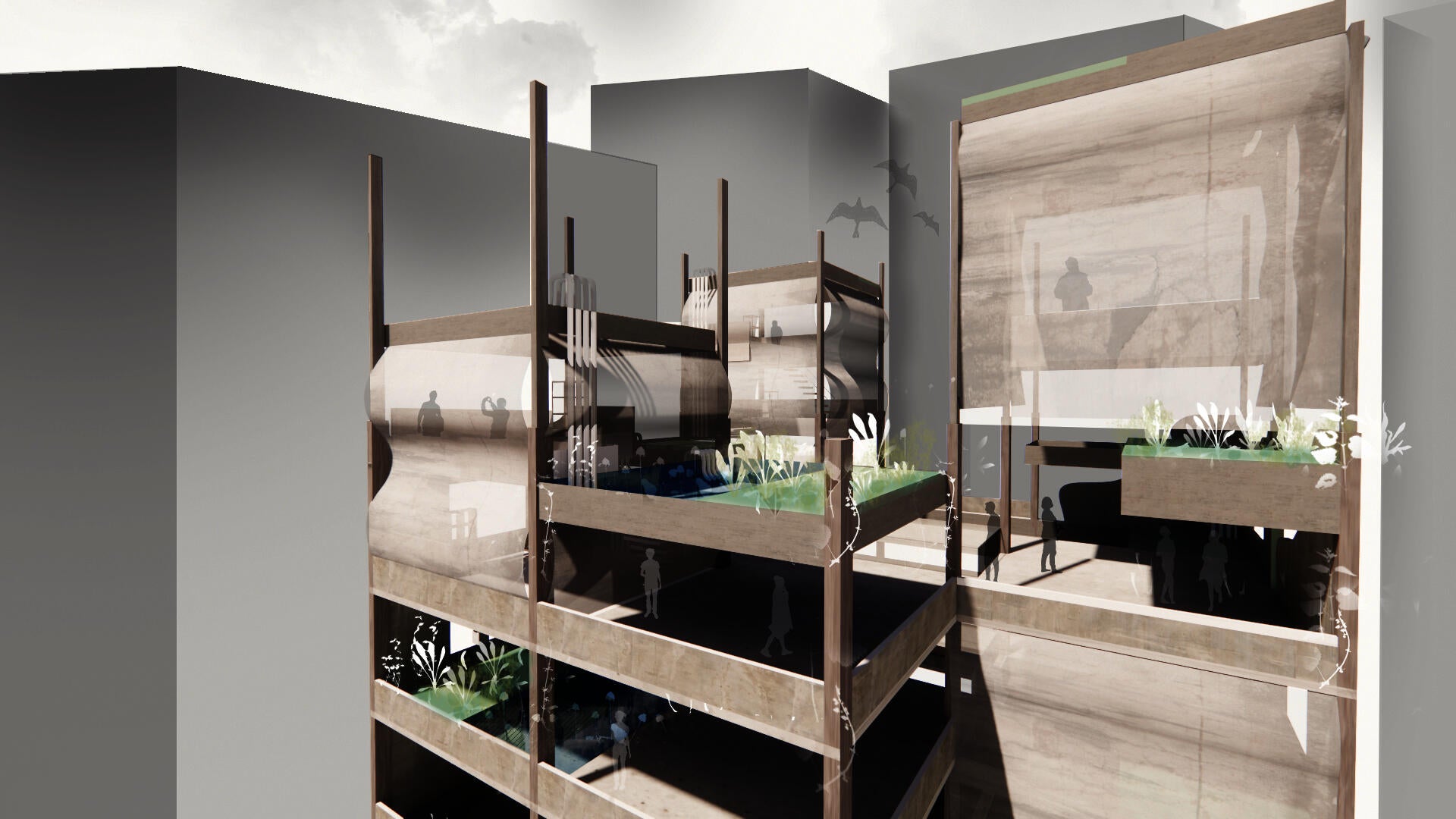Exterior rendering looking at the speculative adaptation in relation to a vertically rising, dense city backdrop