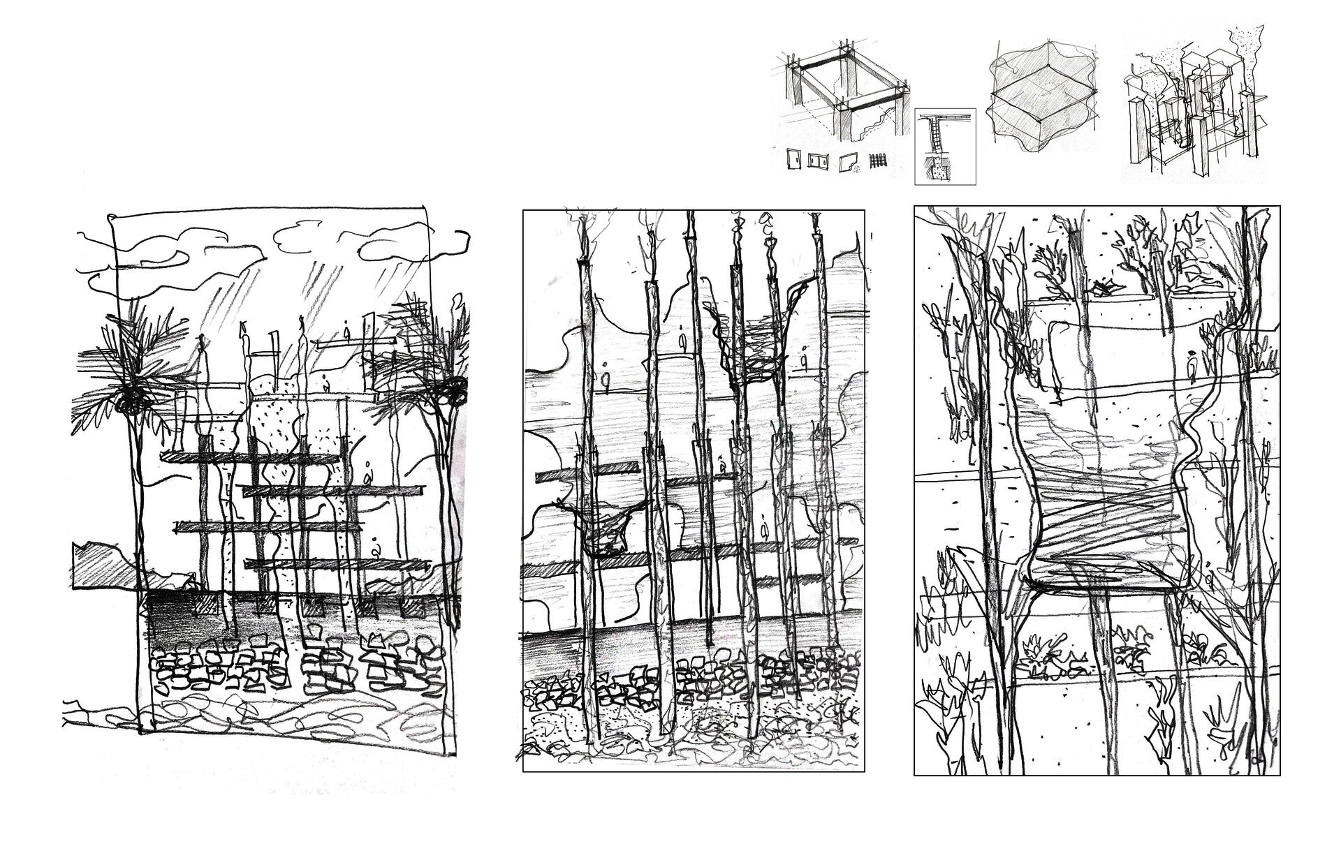 This sketch here re-interprets the structural imprint of the existing architecture imagining further how the elements in flux and the existing structure might repsond and interact with each other. Through selectively retaining the structural framework of the existing building, a history value is retained, while also allowing for a new spatial configuration to take shape within the vertical void created by selective removal.