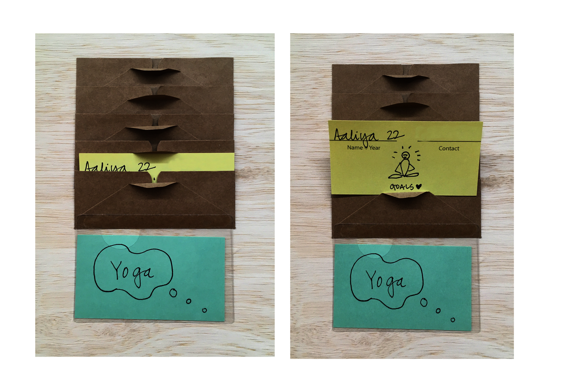 A detailed image of the share share board. A green card with the word yoga written and then a card in an envelope above with the name Aaliya on it.