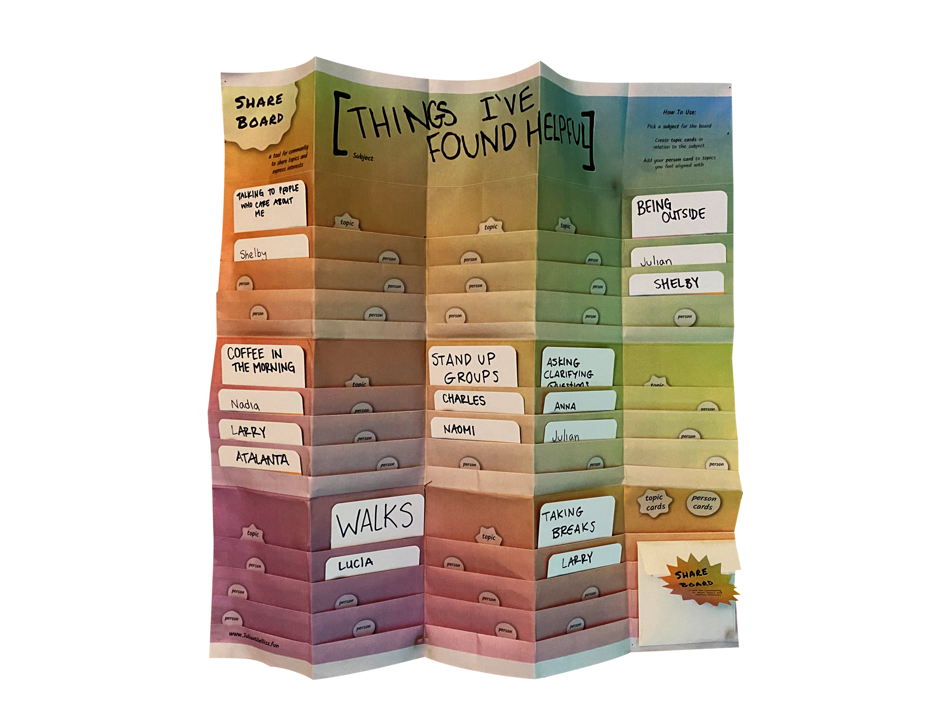 A muted gradient piece of paper that's accordion folded to create a bunch of slots in which people have placed cards. "Things I've Found Helpful" Is written on the top of the board.