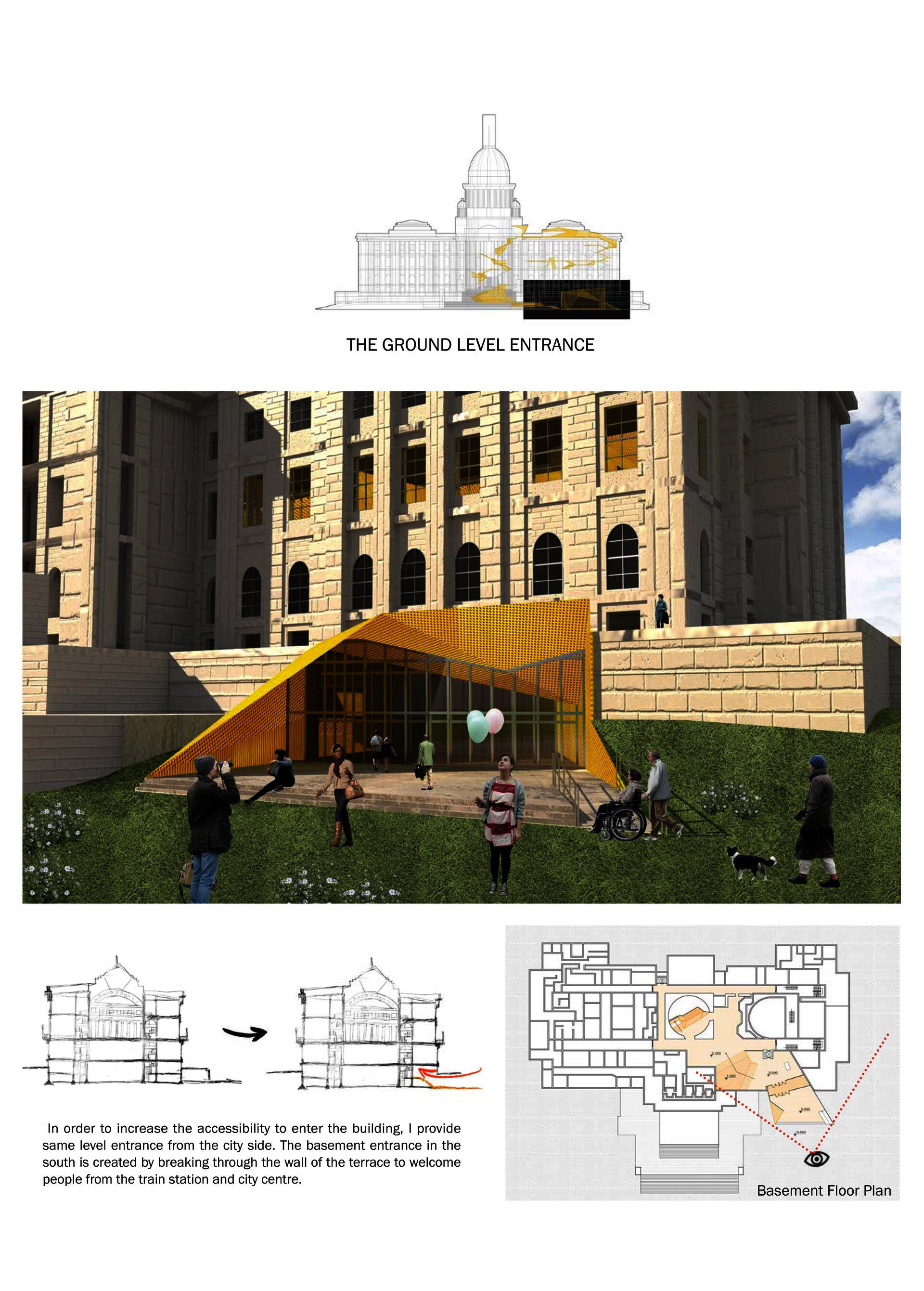In order to increase the accessibility at the entrance, I provide a street-level entrance from the city side.