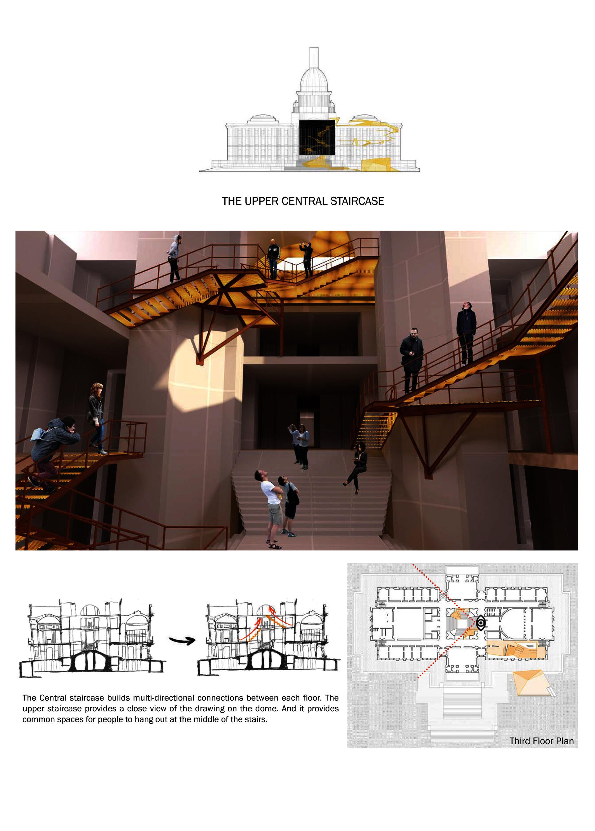 The upper staircase provides a close view of the painting on the interior of the dome, and it provides common spaces for people to come together on the expanded stairs.