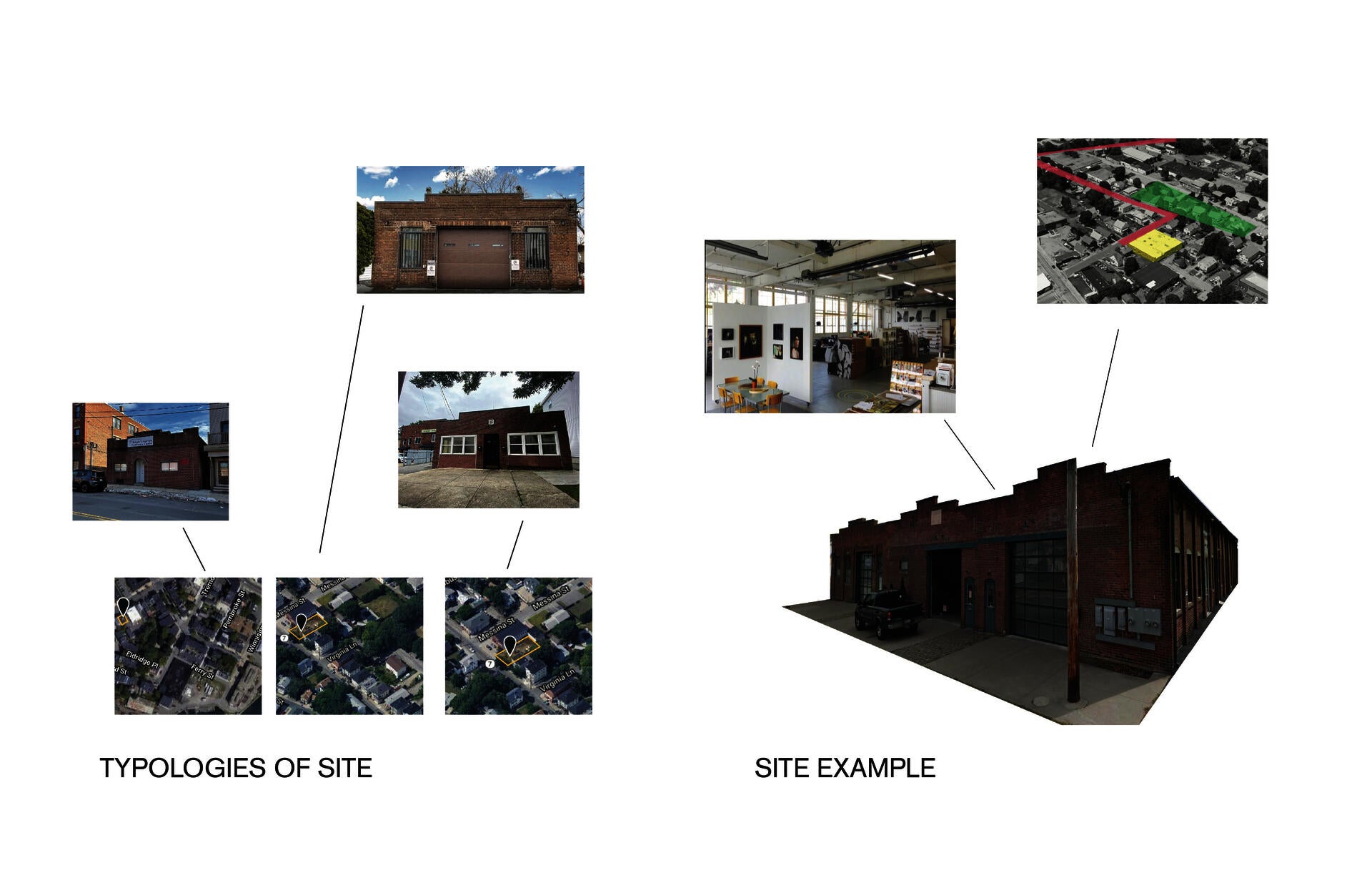 Diagrams showing three small brick buildings and their locations on a map alongside a large cutout of a bigger brick building