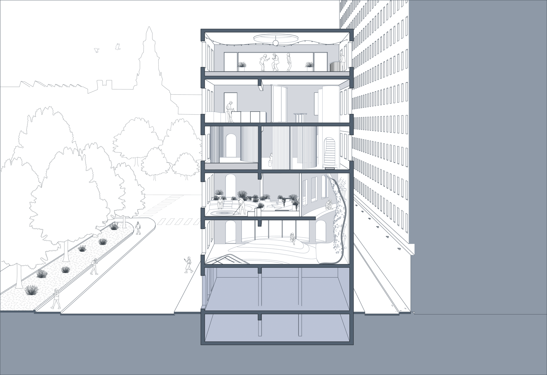 A section perspective of the merchants bank building intervention proposed