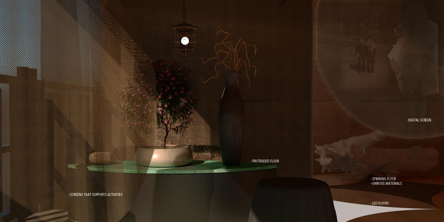 A rendered image of a detail scene of a house with the spinning, protruding, screen systems.