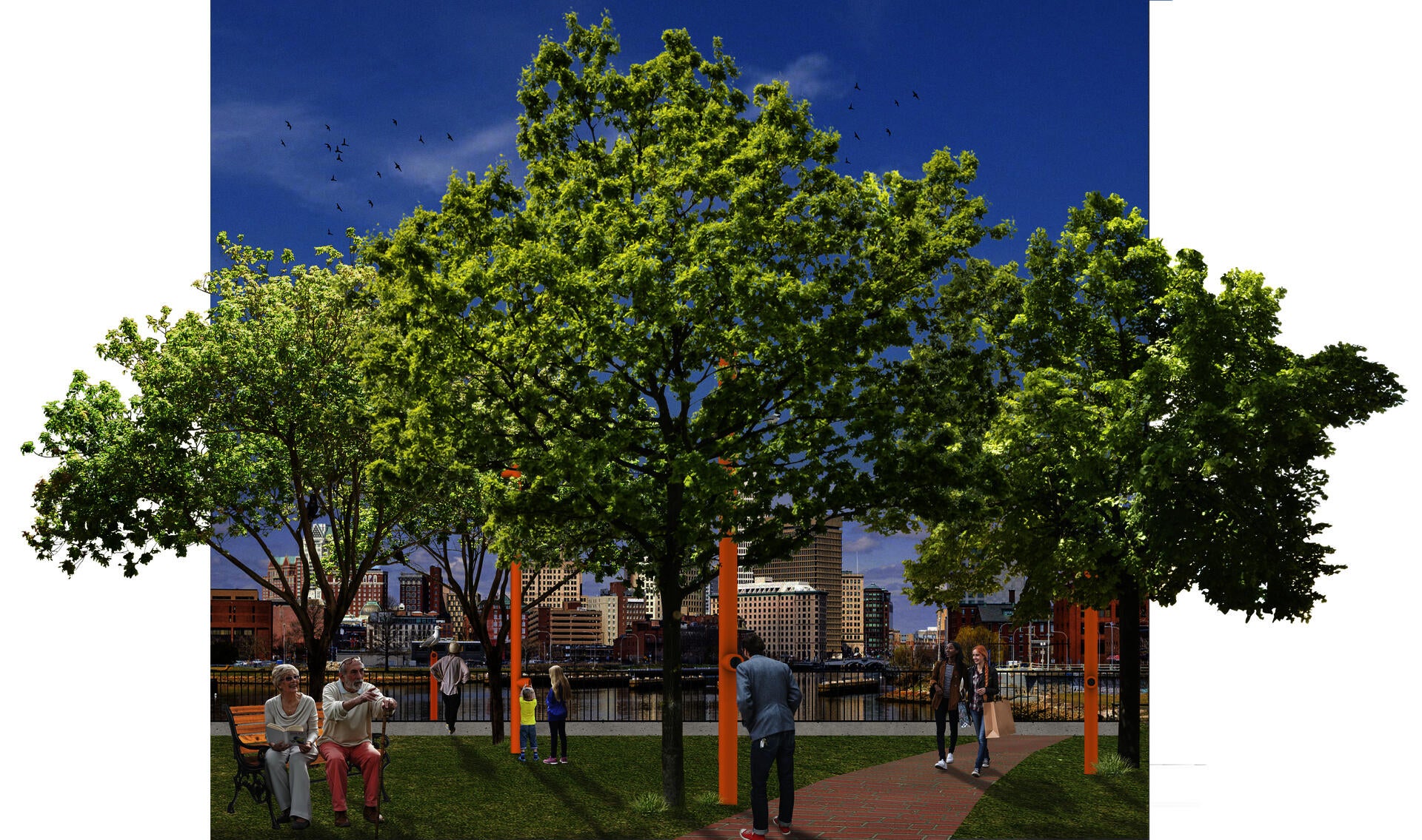 A collage rendering depicts several orange periscopes installed in a park, with users of all ages using them to observe local wildlife.
