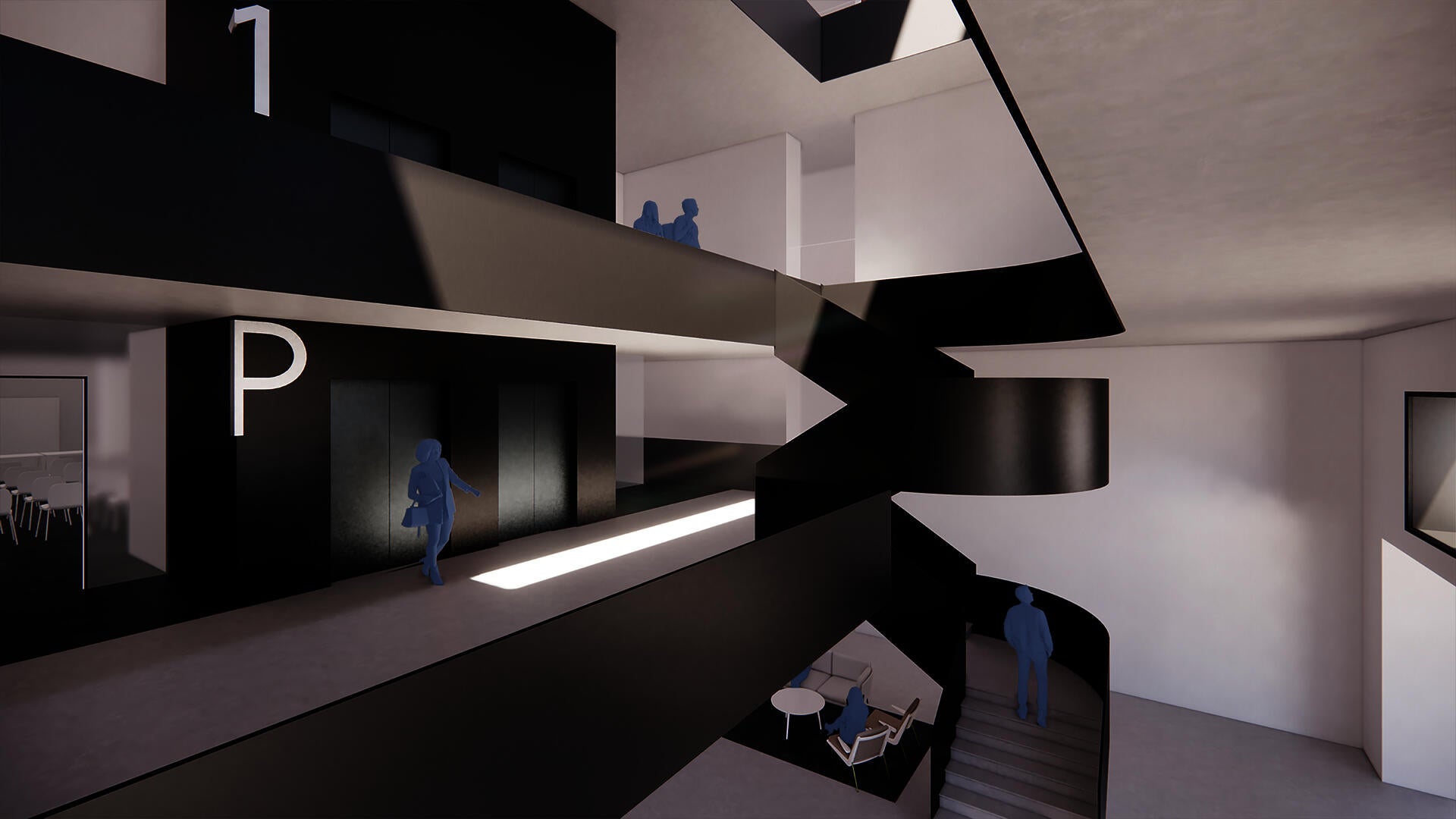 Image depicts and Enscape rendering of walkways lining a proposed atrium carved inside the Rhode Island State House.