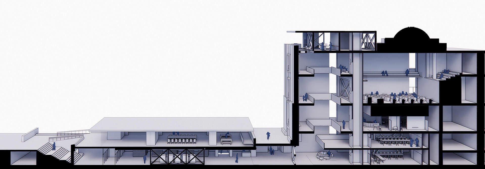 A 3D section perspective cuts through the Rhode Island State House and the main entry and path of circulation through the proposed addition.