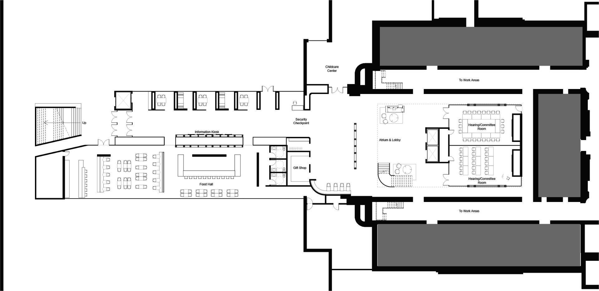 A furnished floor plan depicting a large addition, main entry, food hall and meeting spaces.