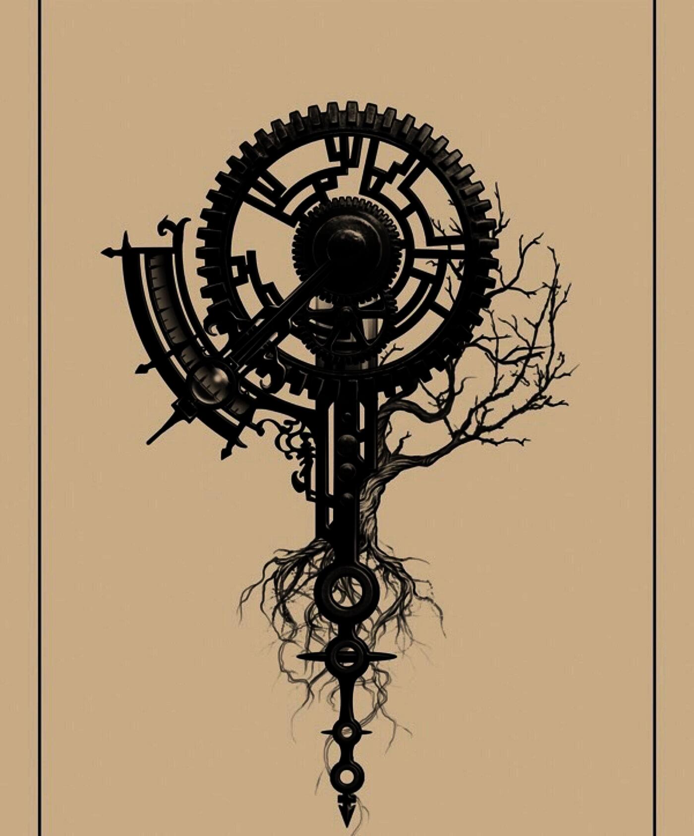 Image of a clock like gear with branches coming out; a found parti image of the play.