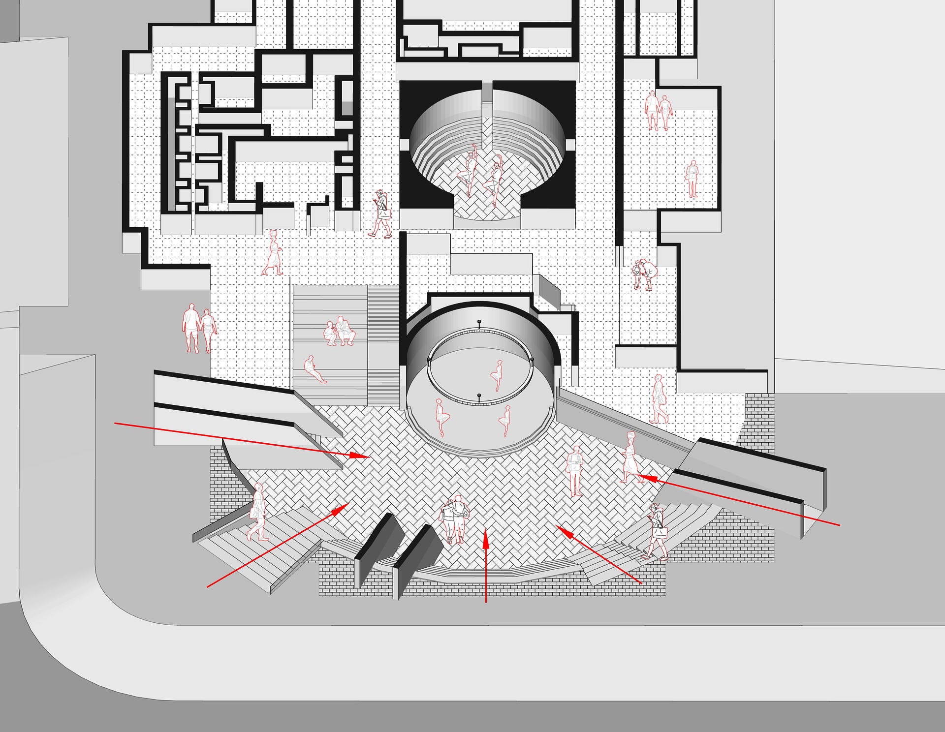 Stairs open in all directions, providing access to the lower level.